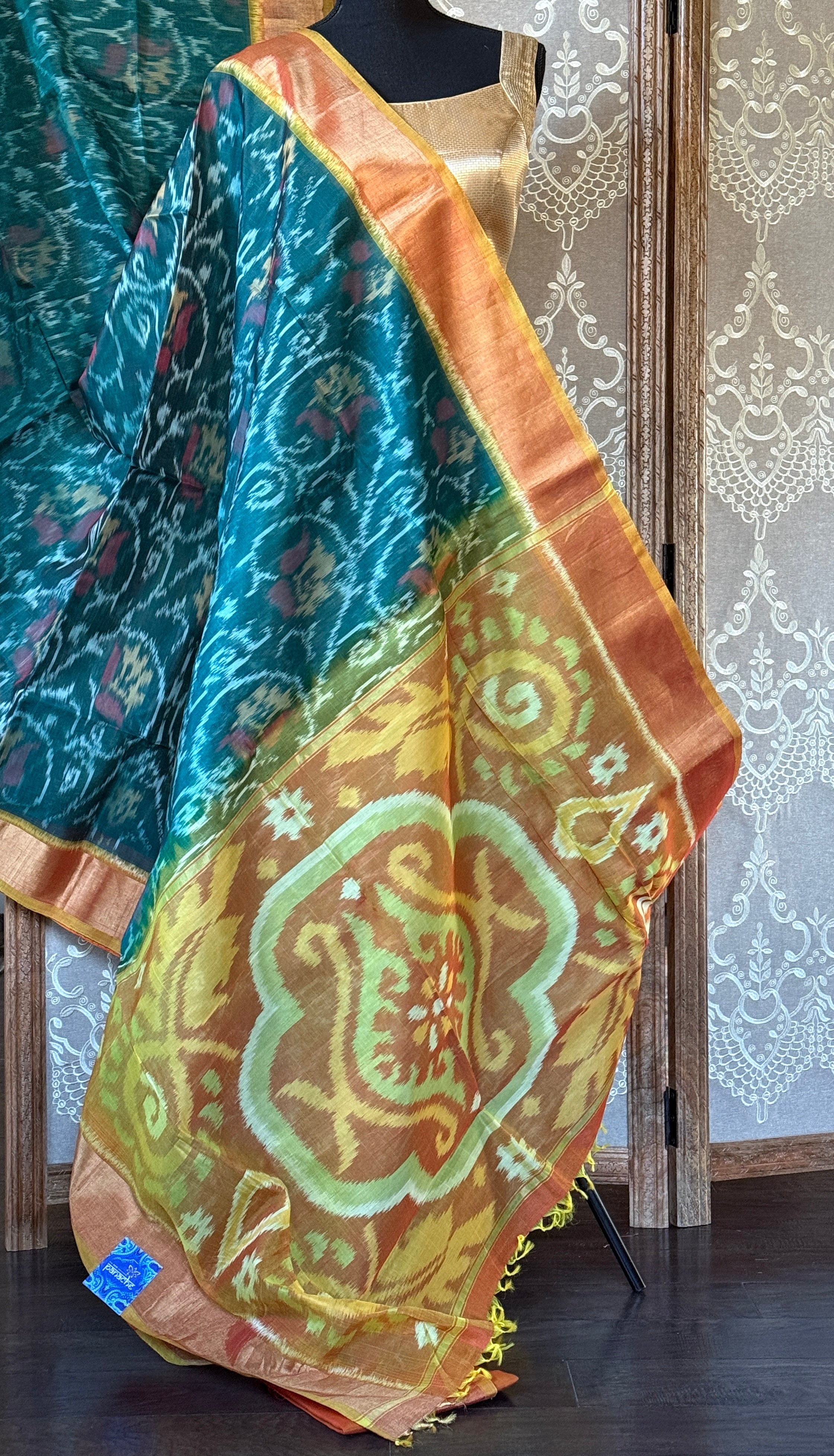 Pure Cotton Silk Ikat - Teal Green Orange