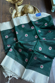 Pure Chanderi Pattu Silk - Dark Teal Green Meenakari