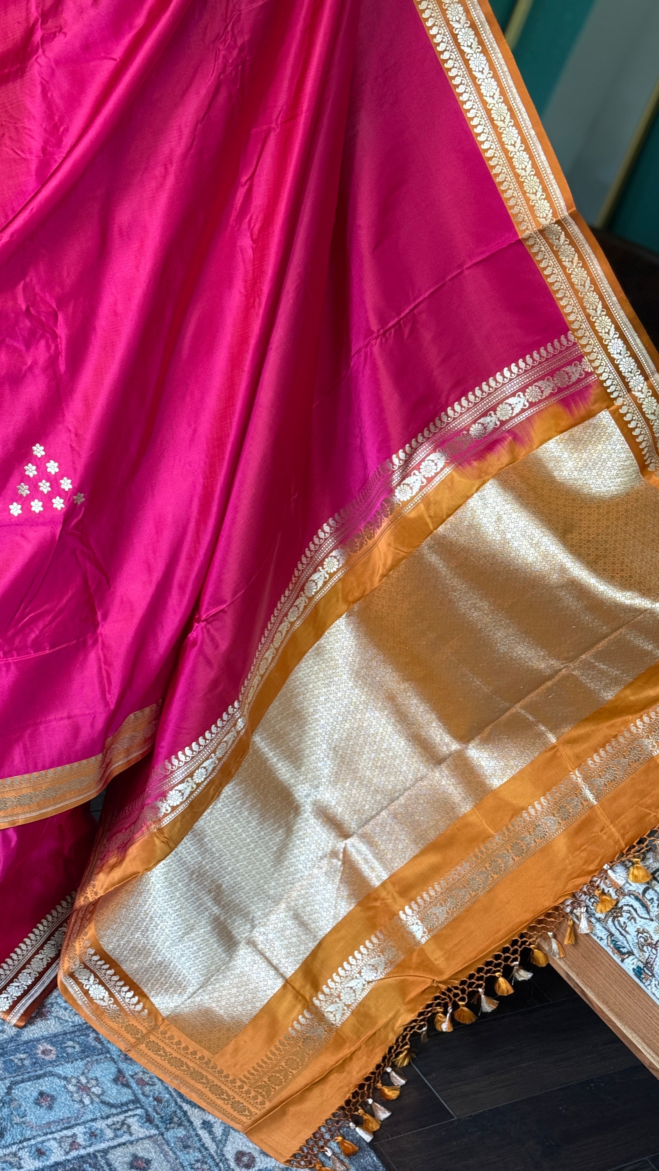 Pure Silk Mashru Banarasi- Rani Pink Ochre Orange