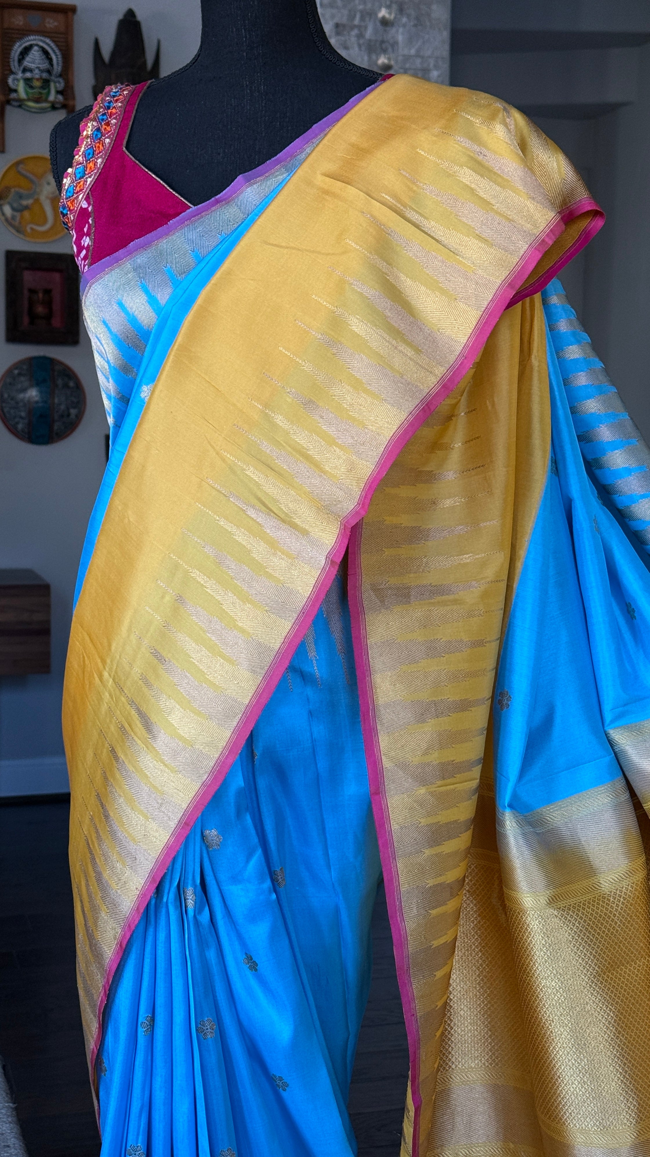 Pure Silk Katan Banarasi - Blue Yellow Kadwa