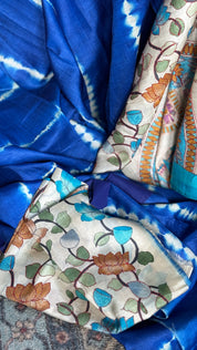 Tussar Silk Shibori Pen Kalamkari - Royal Blue Hand Kantha