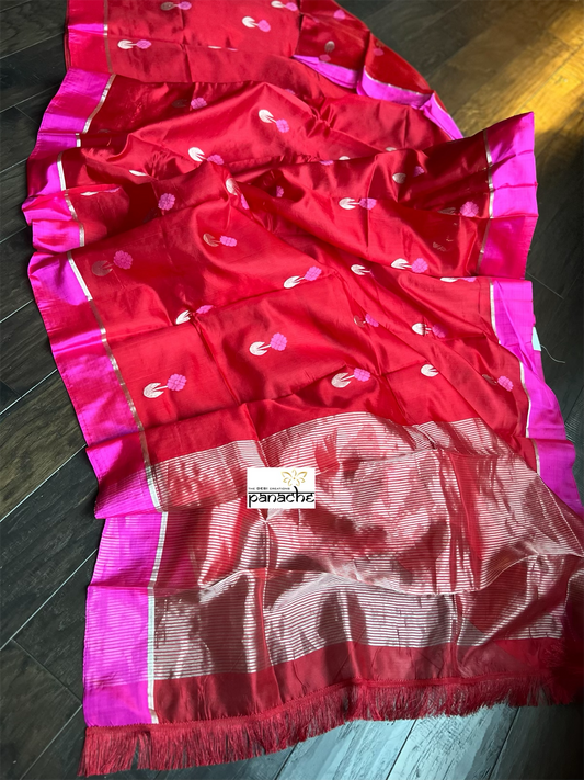 Pure Chanderi Pattu Silk - Red Magenta Pink Iknaliya woven