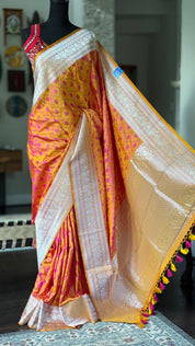 Pure Silk Mashru Silk Banarasi- Mustard Yellow Pink