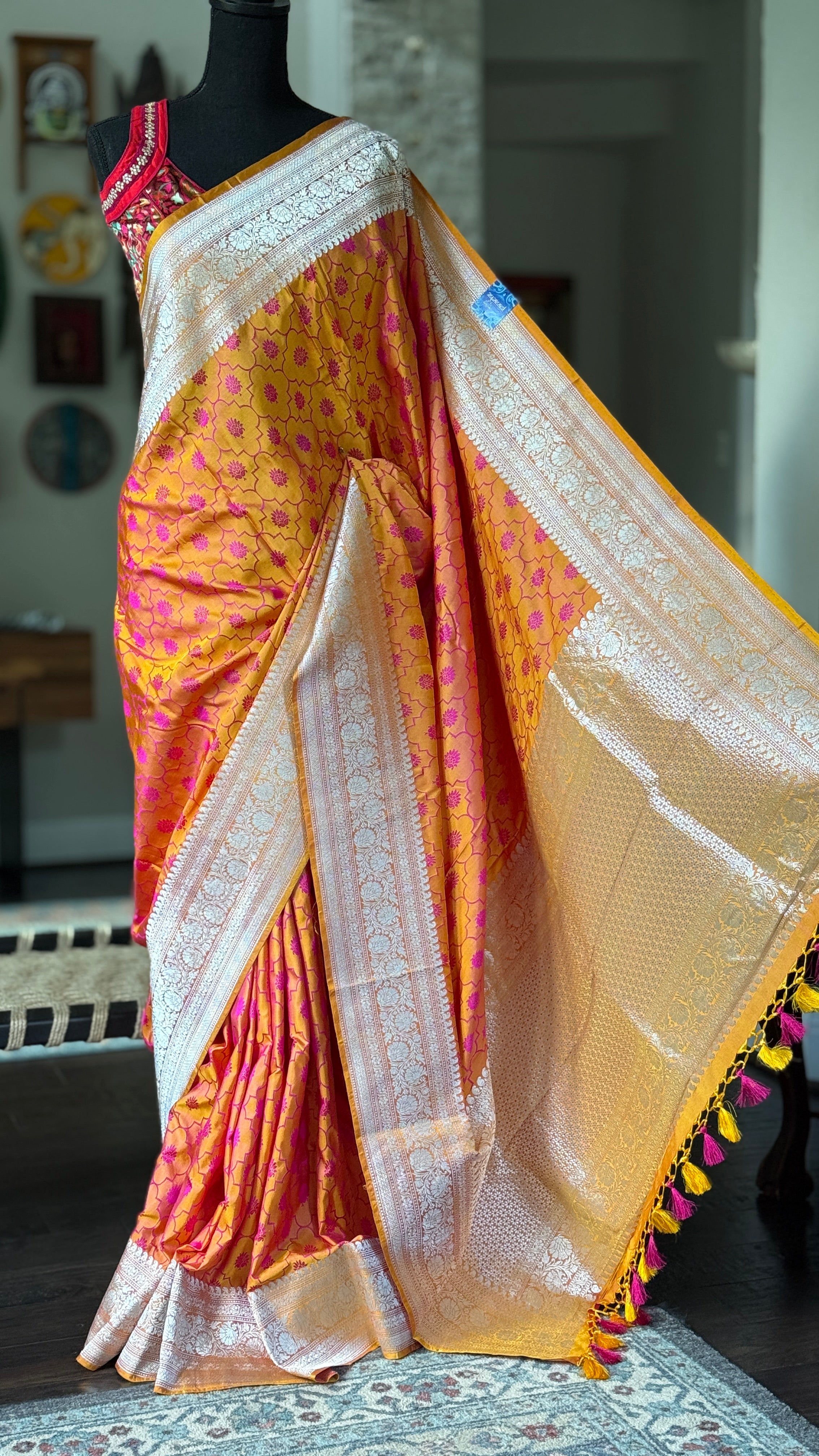 Pure Silk Mashru Silk Banarasi- Mustard Yellow Pink