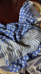Printed Muga Cotton Silk Banaras  - Blue Paisley