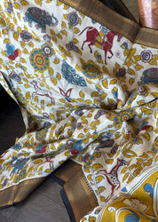 Chinori Silk Kalamkari  - Dusty White Yellow Kalamkari