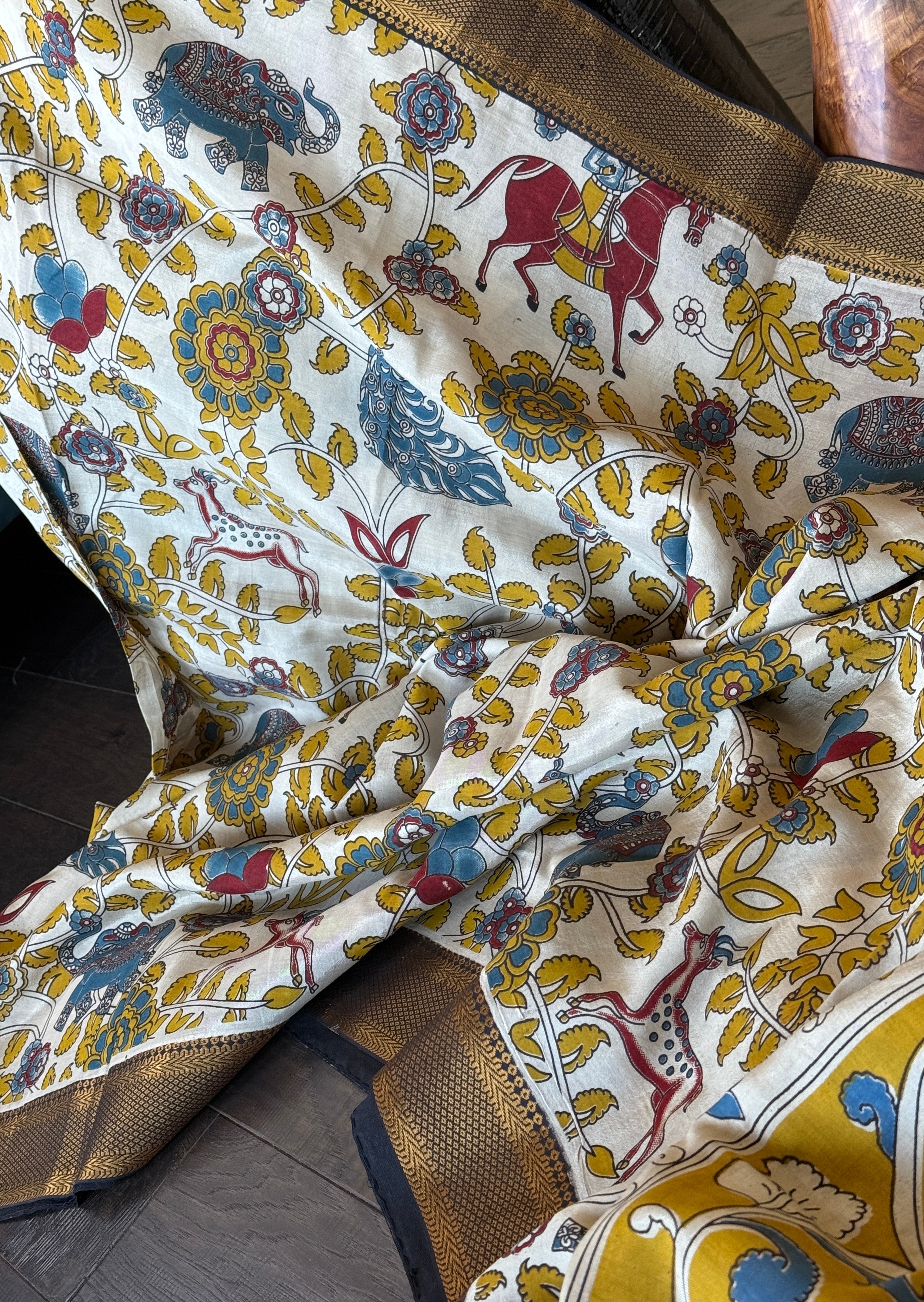 Chinori Silk Kalamkari  - Dusty White Yellow Kalamkari