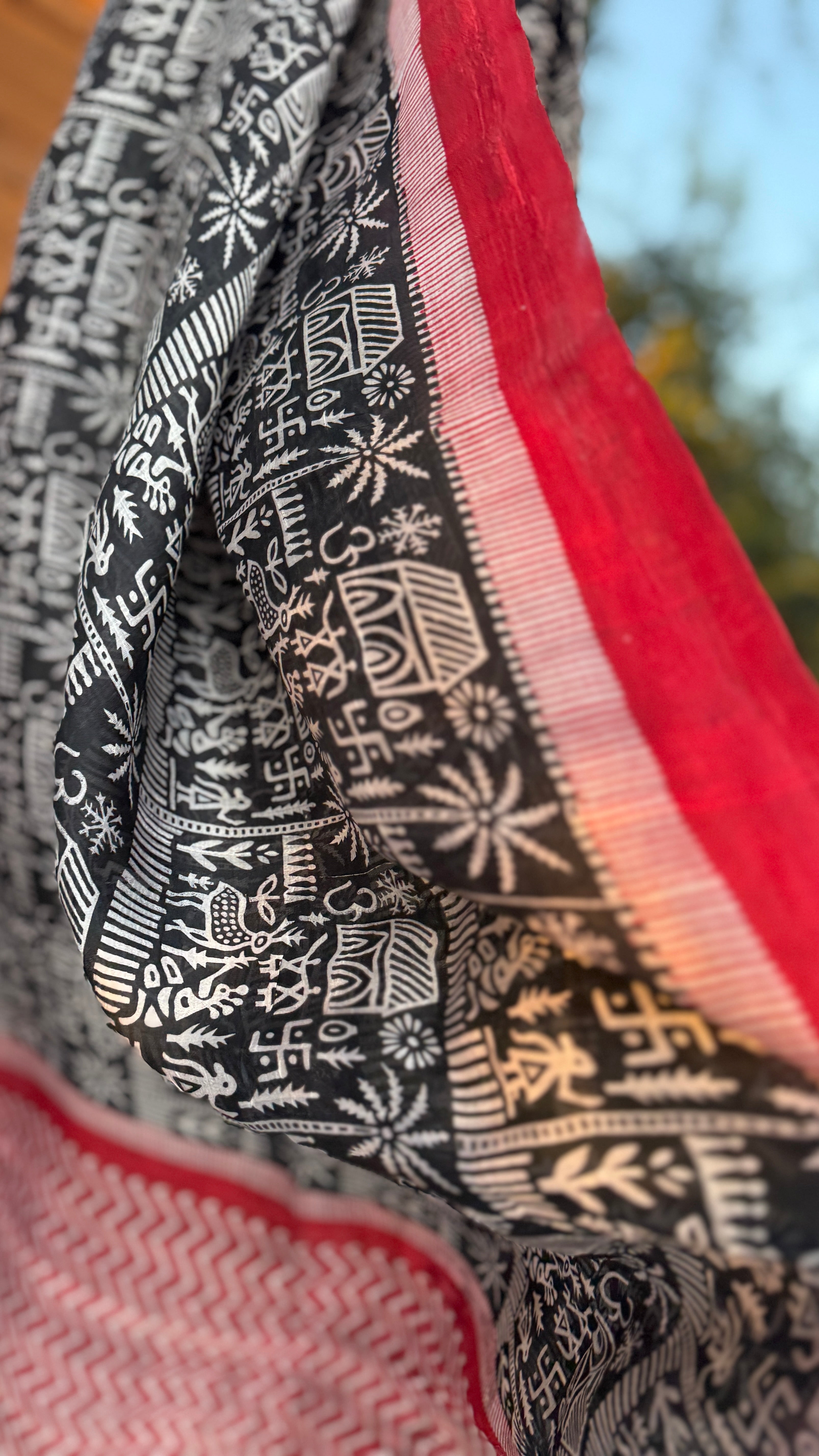 Pure Murshidabad Silk - Black White Red Printed