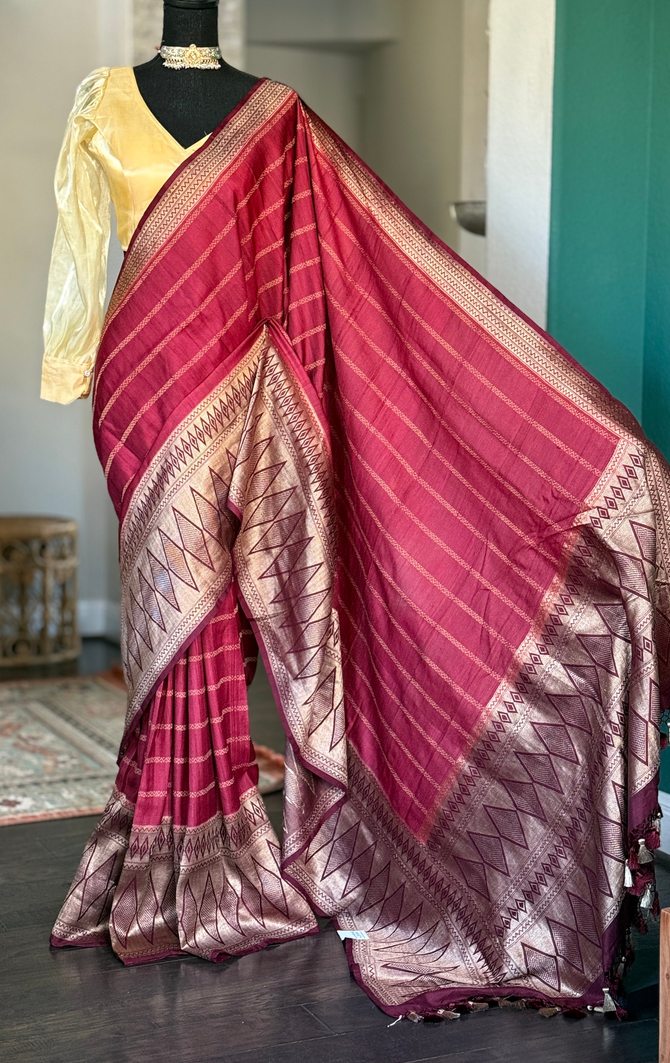 Tussar Silk Banarasi- Maroon Striped
