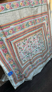 Pure Tussar Silk Kantha Stitch - Beige Multi color