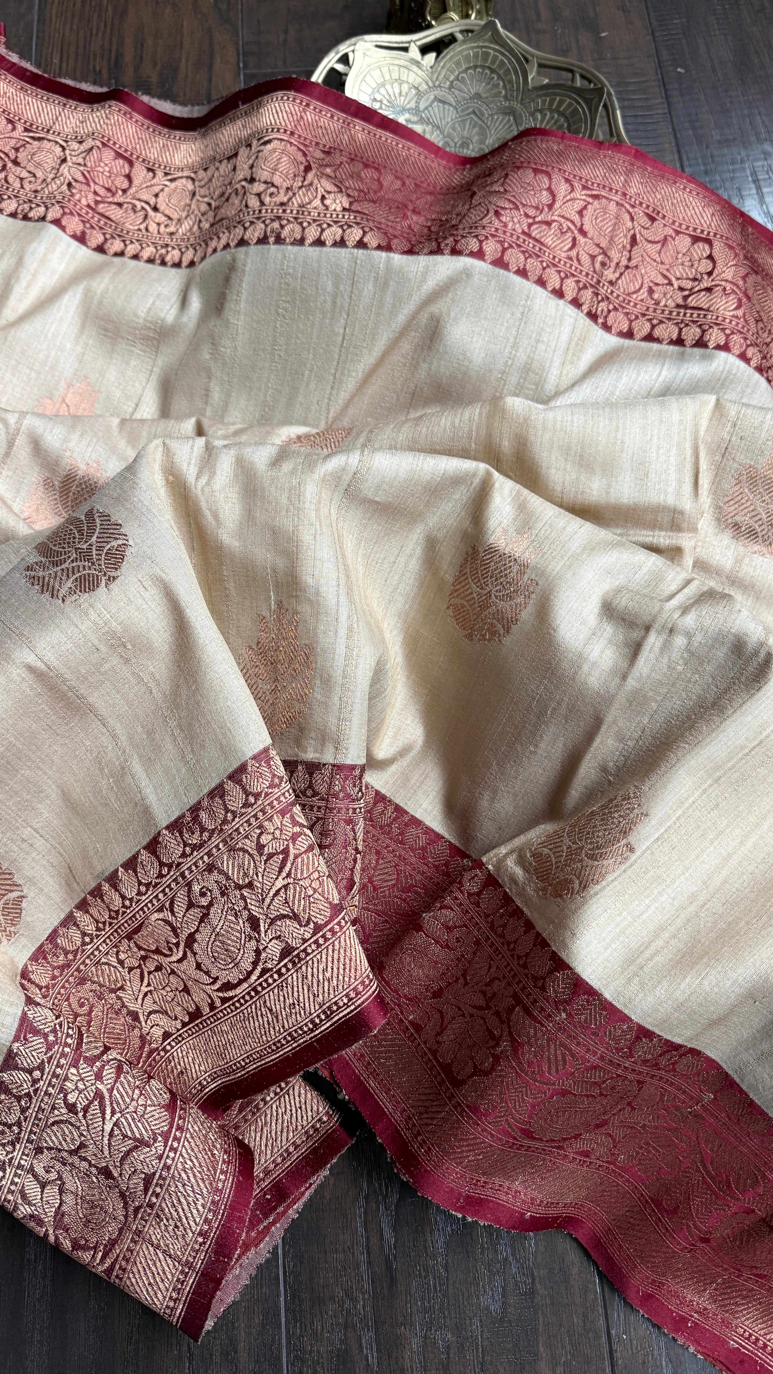 Pure Tussar Silk Banarasi - Beige Maroon
