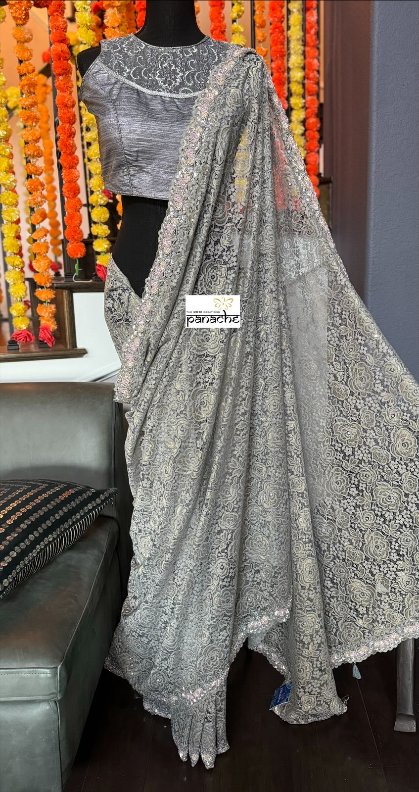 Designer Chantily Lace Saree - Grey Hand Embroidered