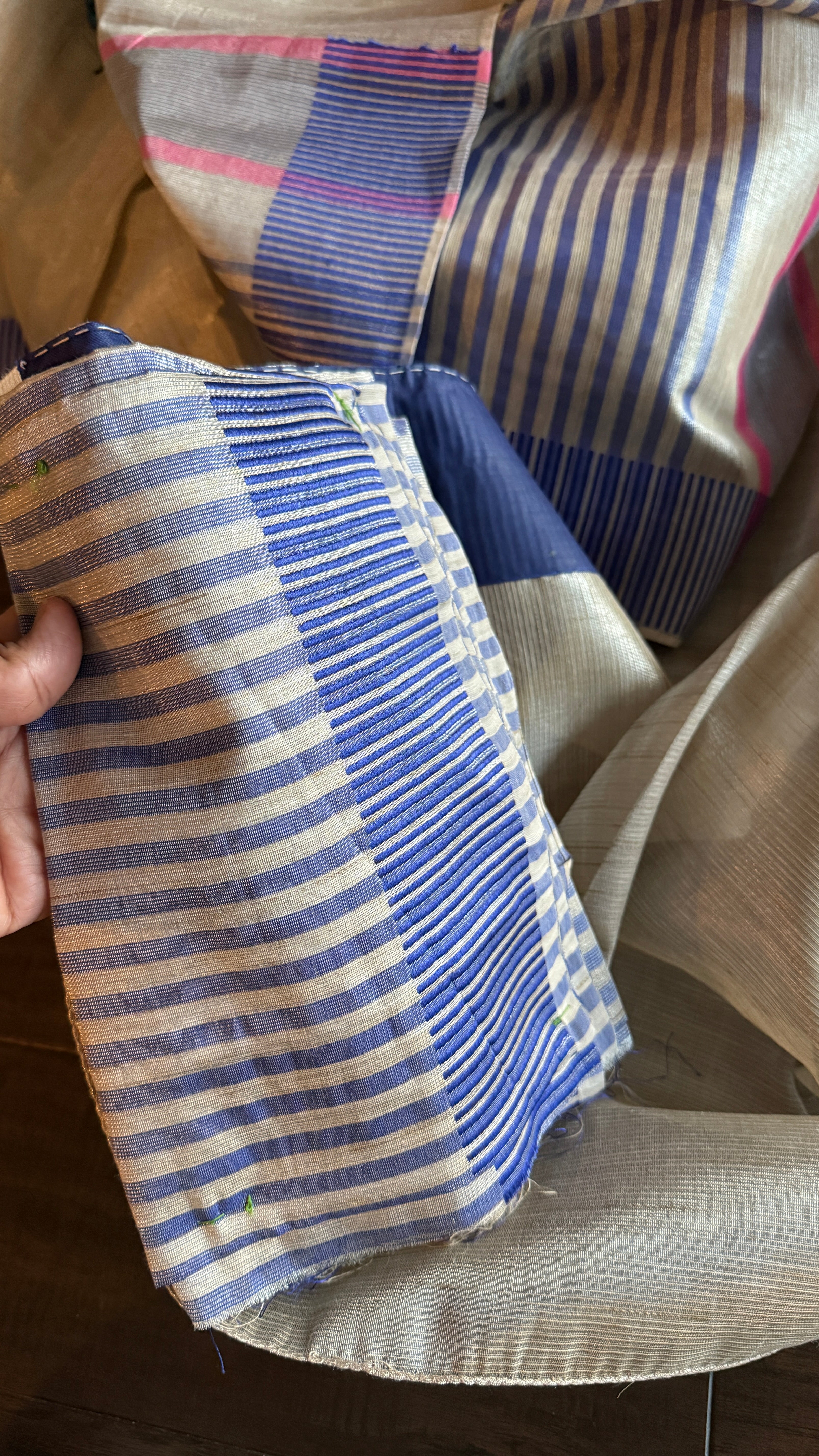 Designer Linen Tissue - Silver Grey Blue Embroidered