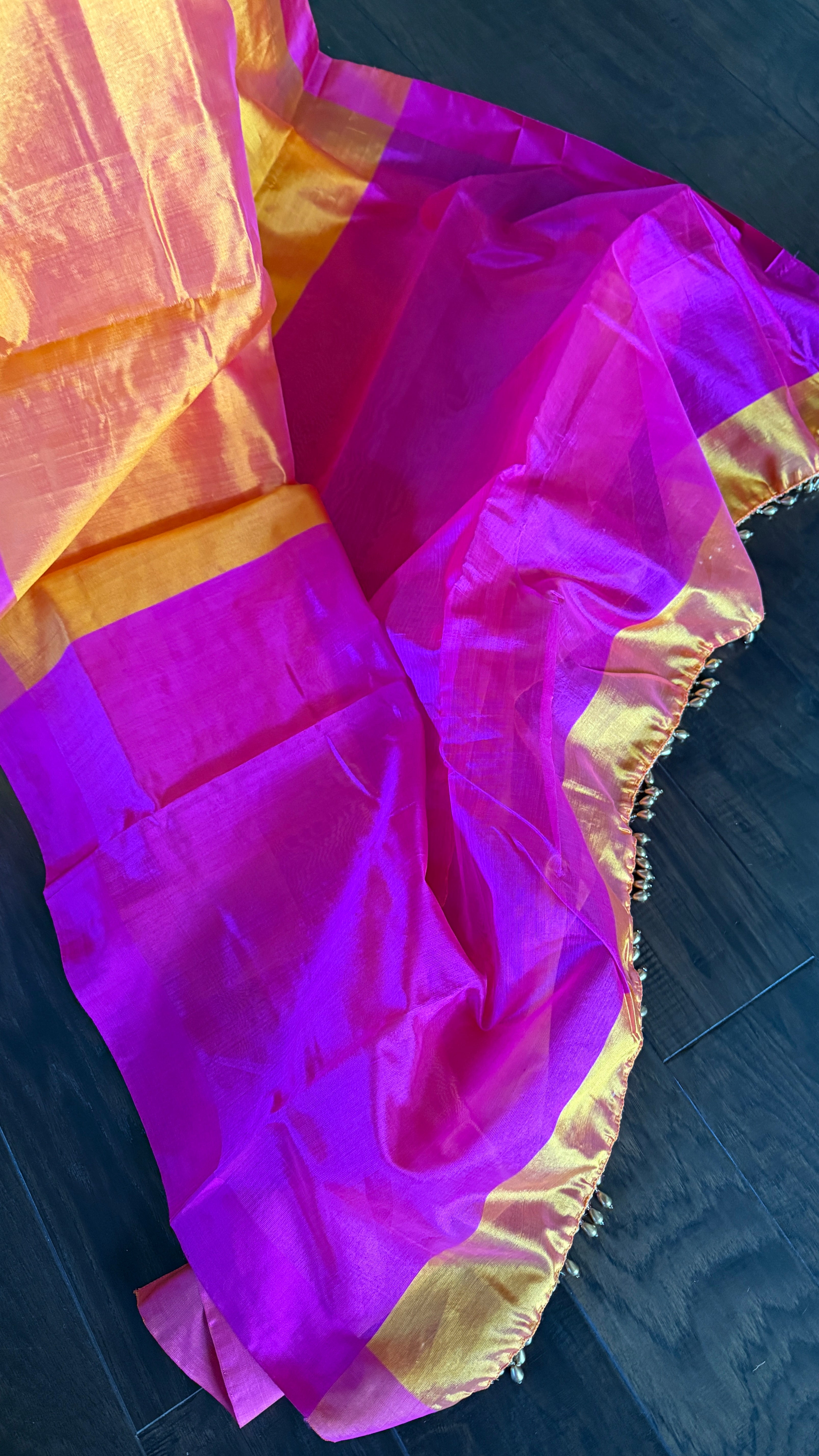 Pure Chanderi Pattu Silk - Sunrise Orange Pink