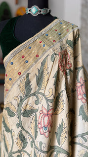 Pen Kalamkari Tussar Silk - Hand-Zardozi Beige Green