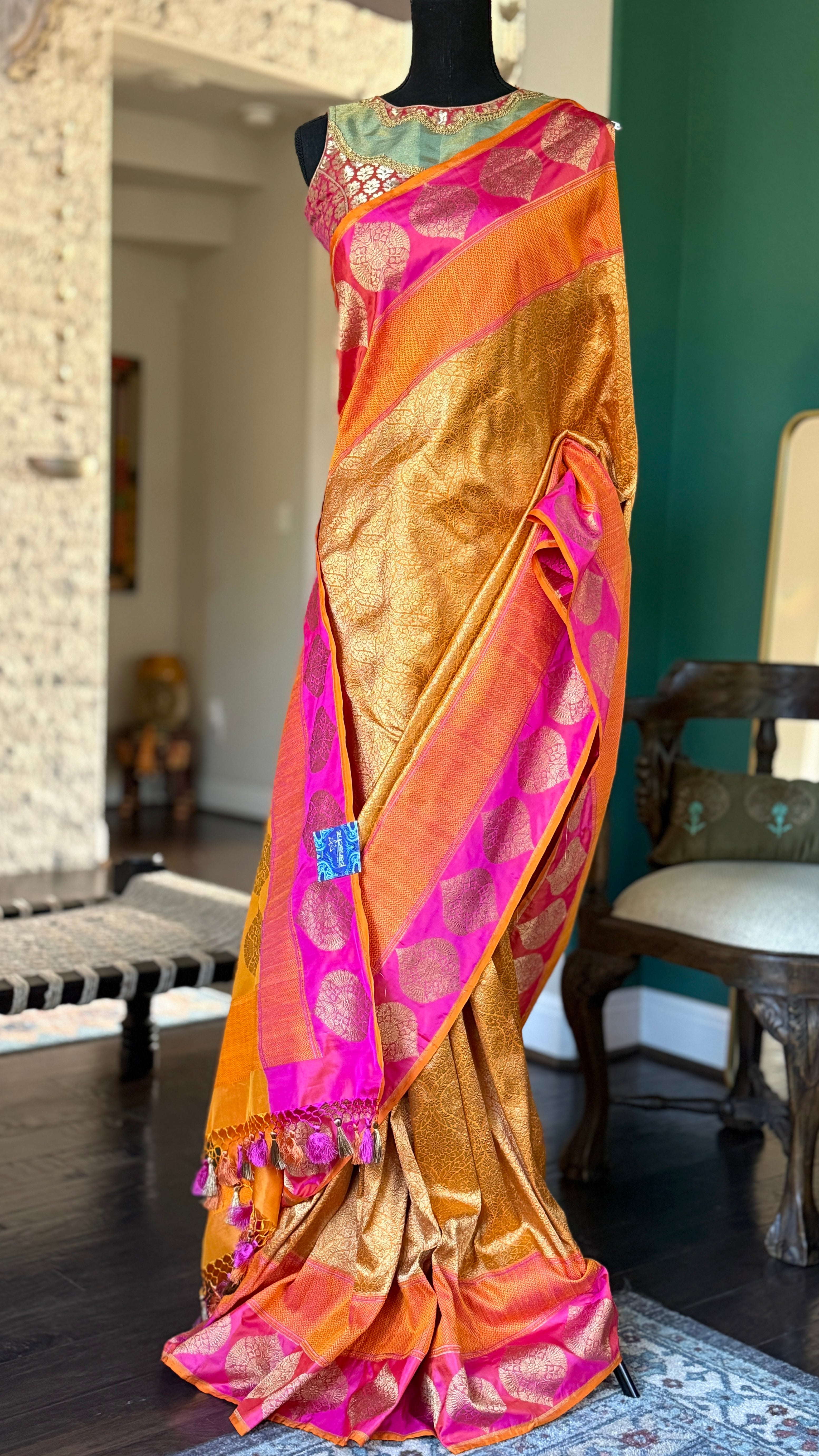 Pure Silk Brocade Banarasi - Mustard Yellow Orange Khadhua Woven