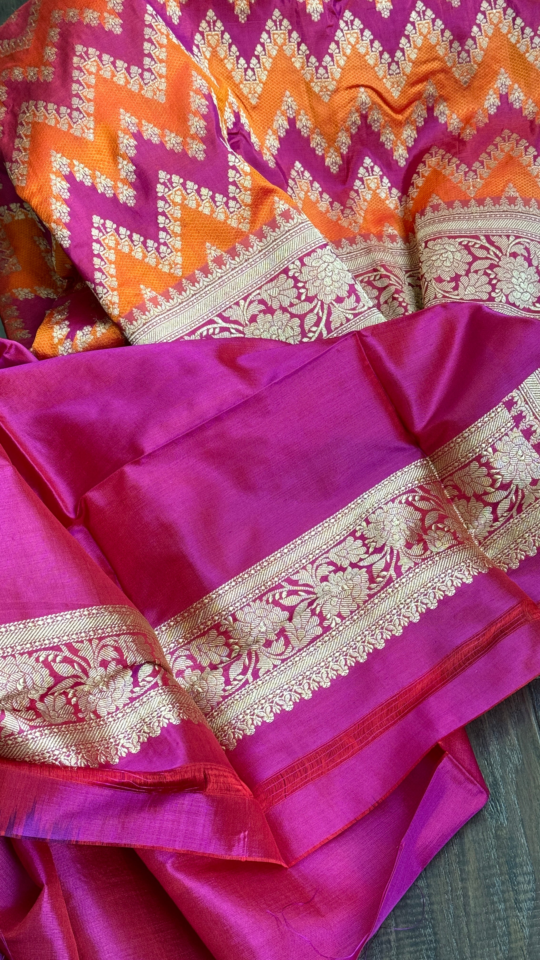 Katan Silk Tanchui Banarasi - Magenta Pink Orange Antique Zari