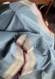 Katan Silk Banarasi - Soft Blue Grey Red Kadhua