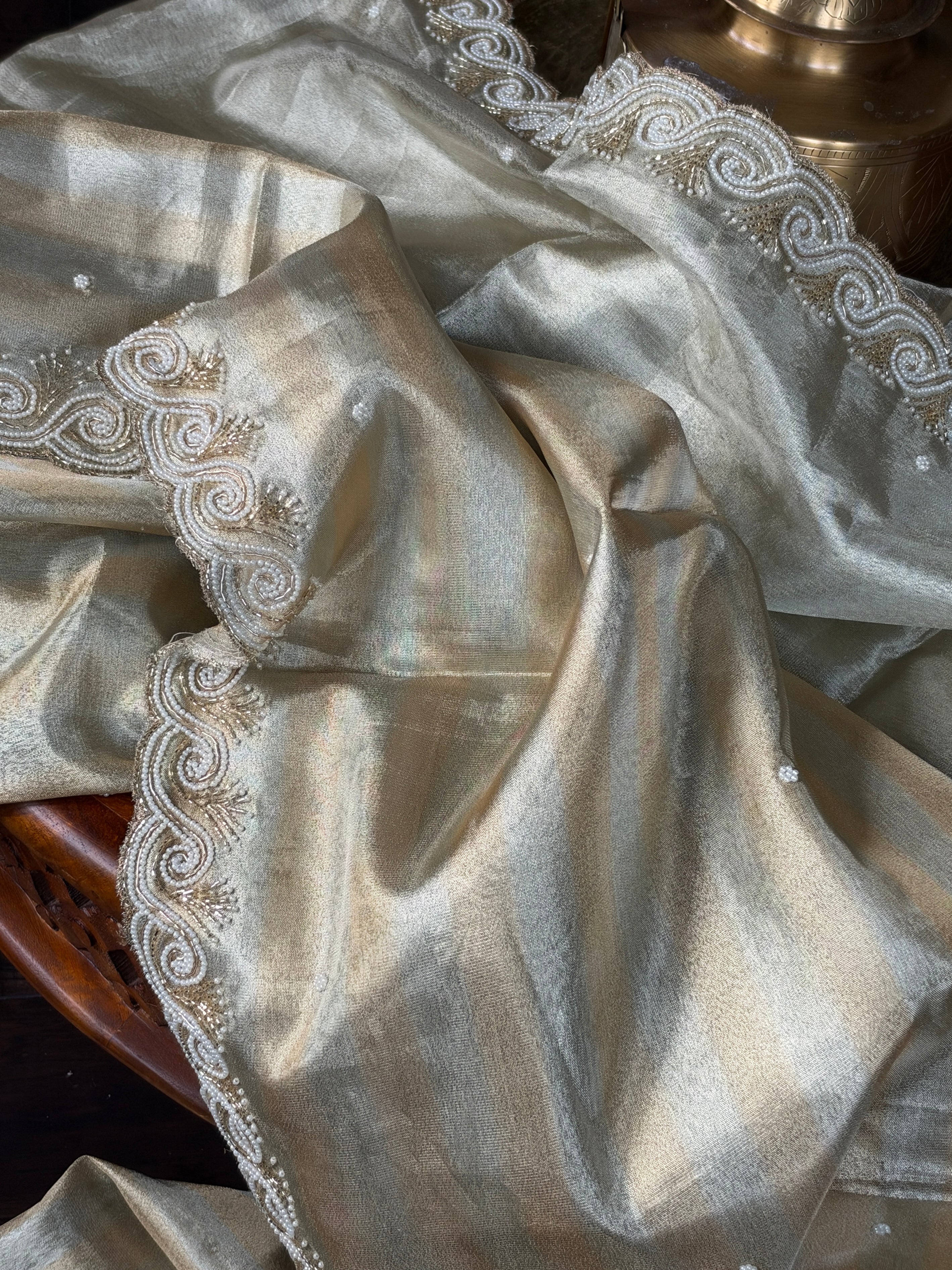 Designer Tissue Silk - Silver Golden Embroidered 2