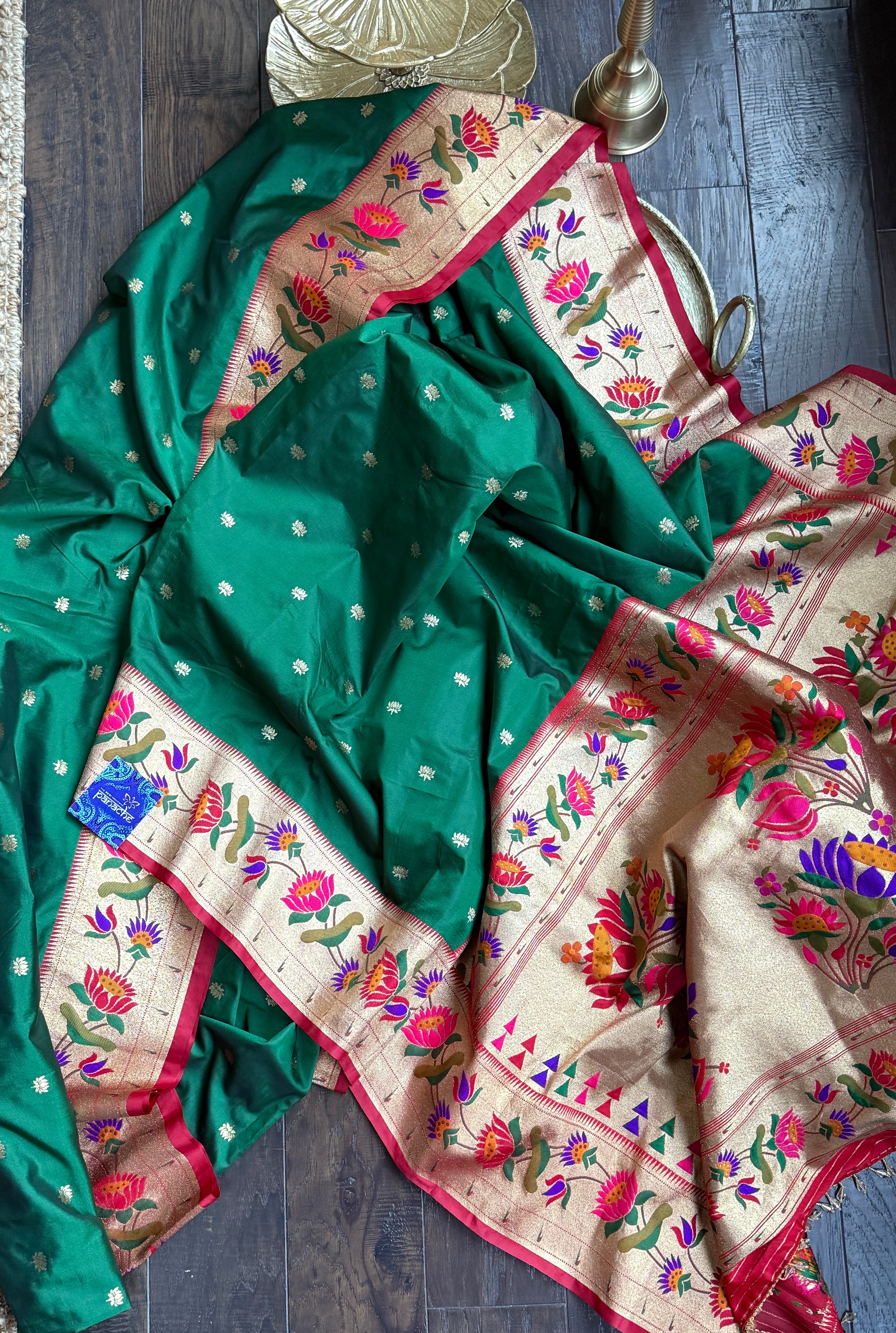 Pure Silk Paithani Single Munia - Green Red Woven