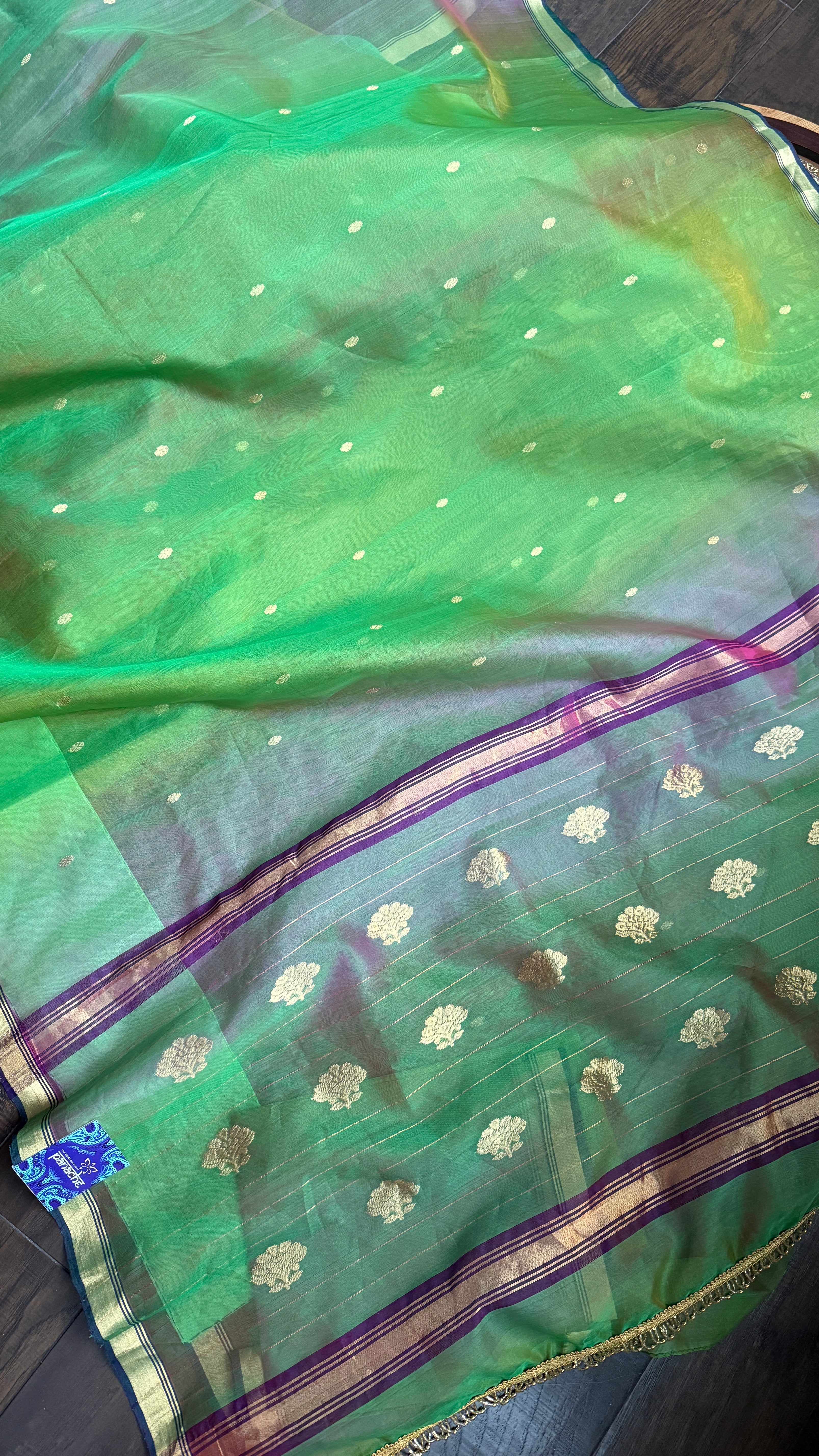 Pure Chanderi Organza Silk - Green Purple Shaded