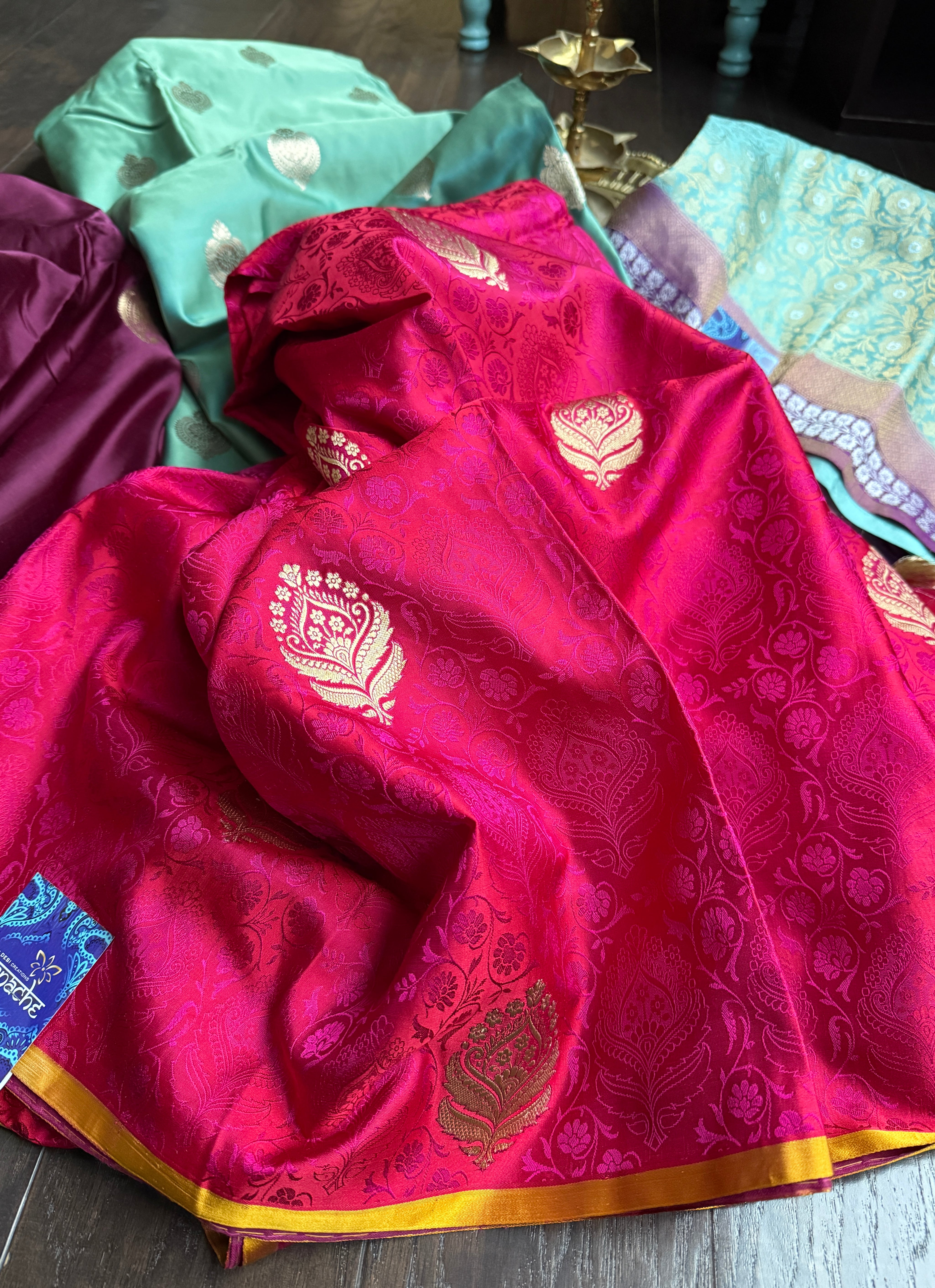 Designer Pure Silk Mashru Tanchoi Banarasi- Dark Magenta Yellow