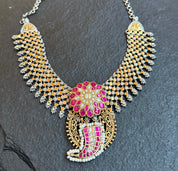 Pure Silver 925 Necklace- Kundan Pendant Statement Dual Tone