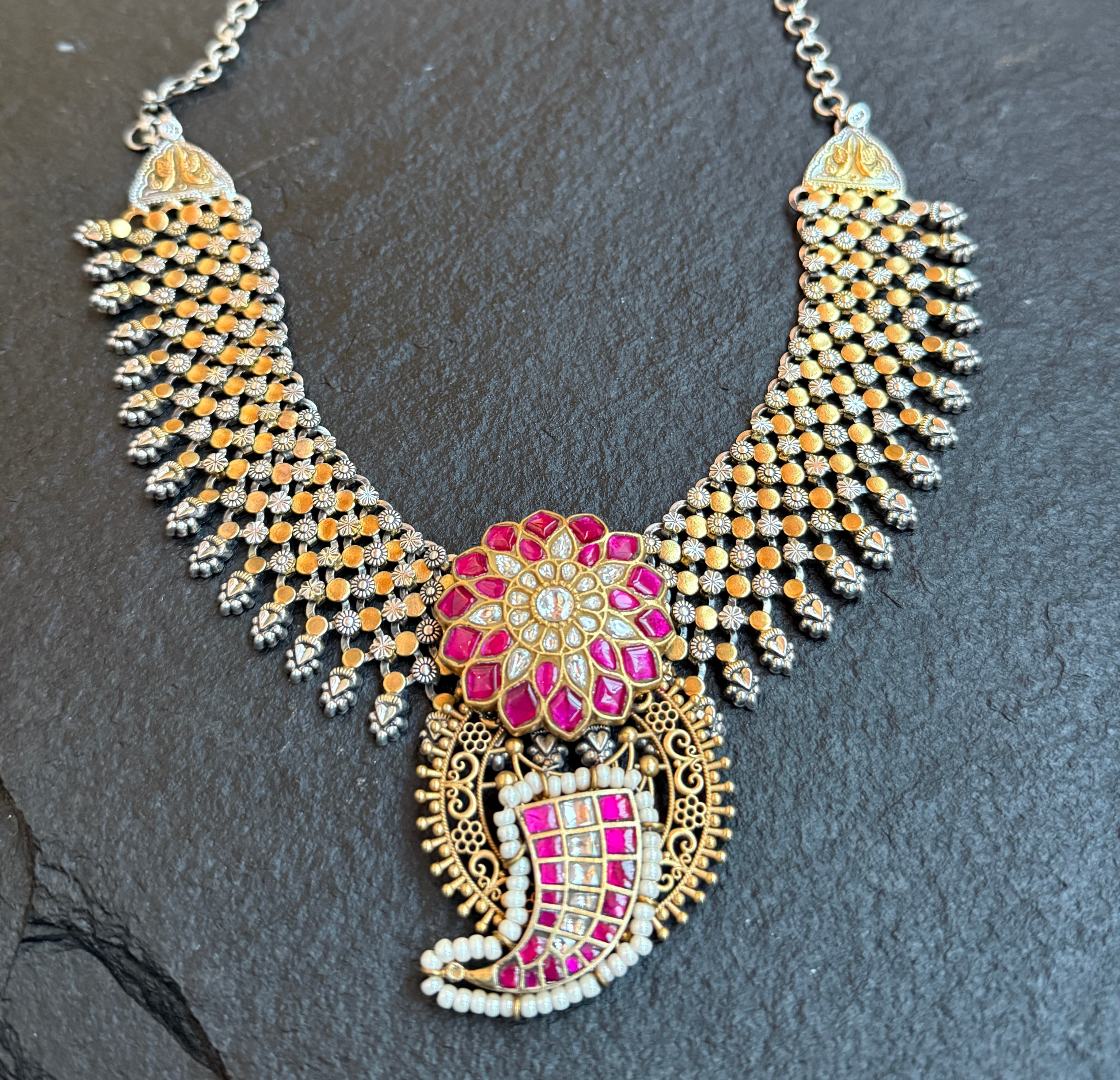 Pure Silver 925 Necklace- Kundan Pendant Statement Dual Tone
