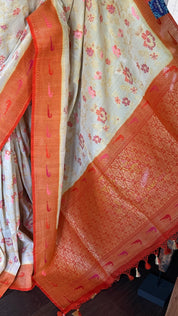 Khaddi Tussar Banarasi - Tilfi woven Beige Orange Multi Meenakari