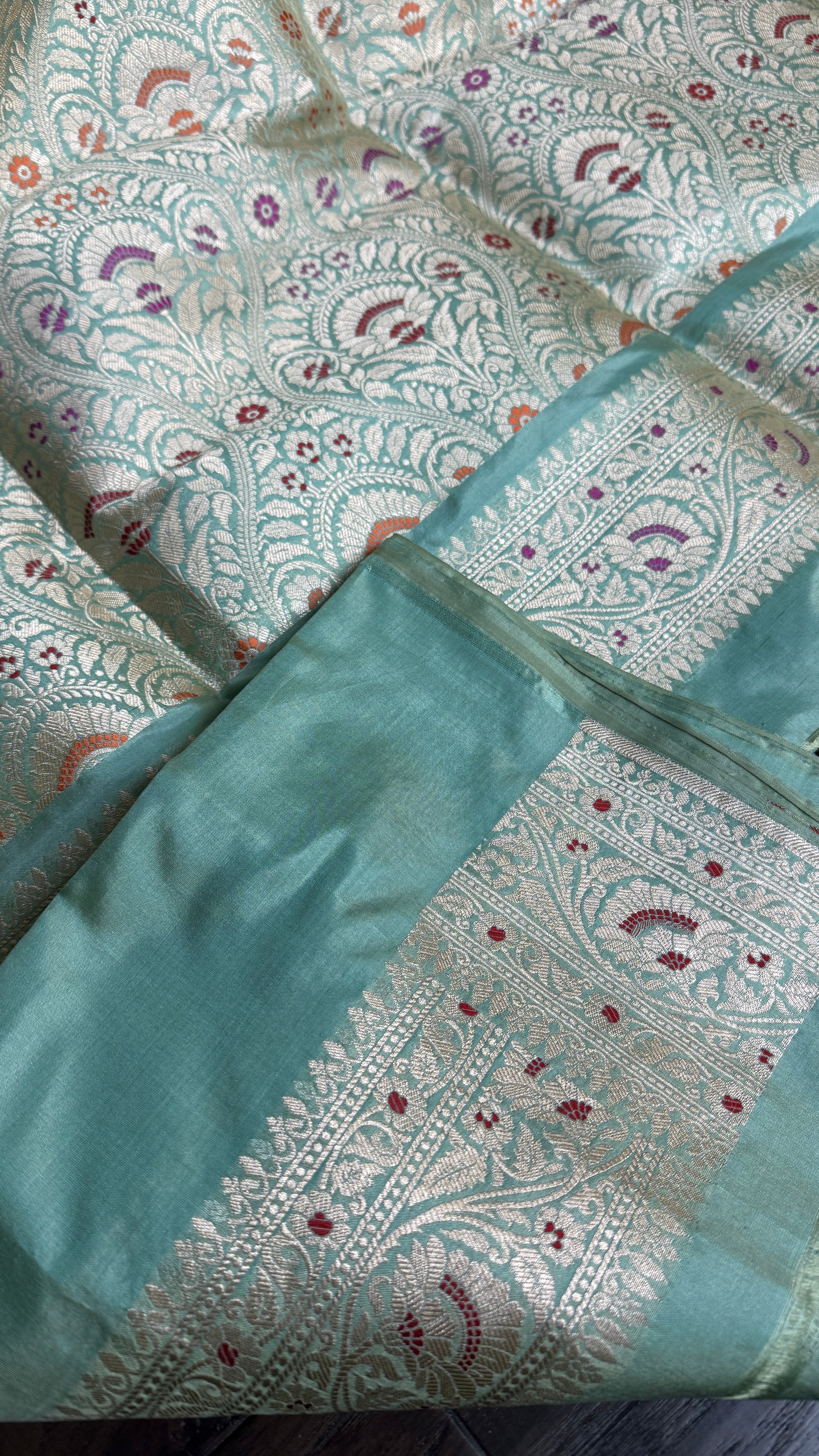 Pure Katan Silk Banarasi - Aqua Blue Multi Meenakari