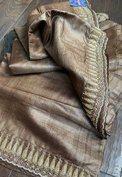 Designer Hand Zardozi Pure Tussar Silk - Brown