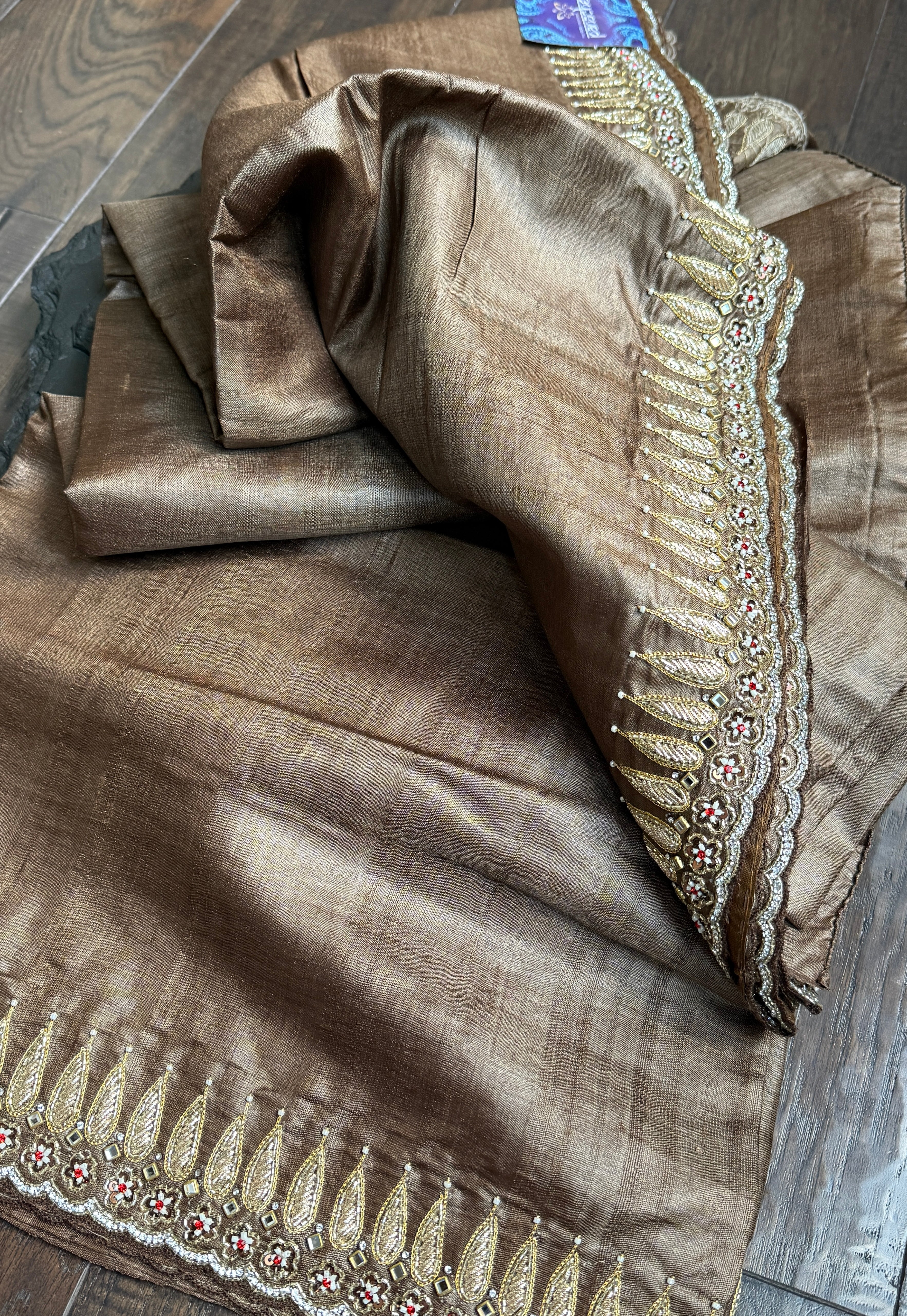 Designer Hand Zardozi Pure Tussar Silk - Brown