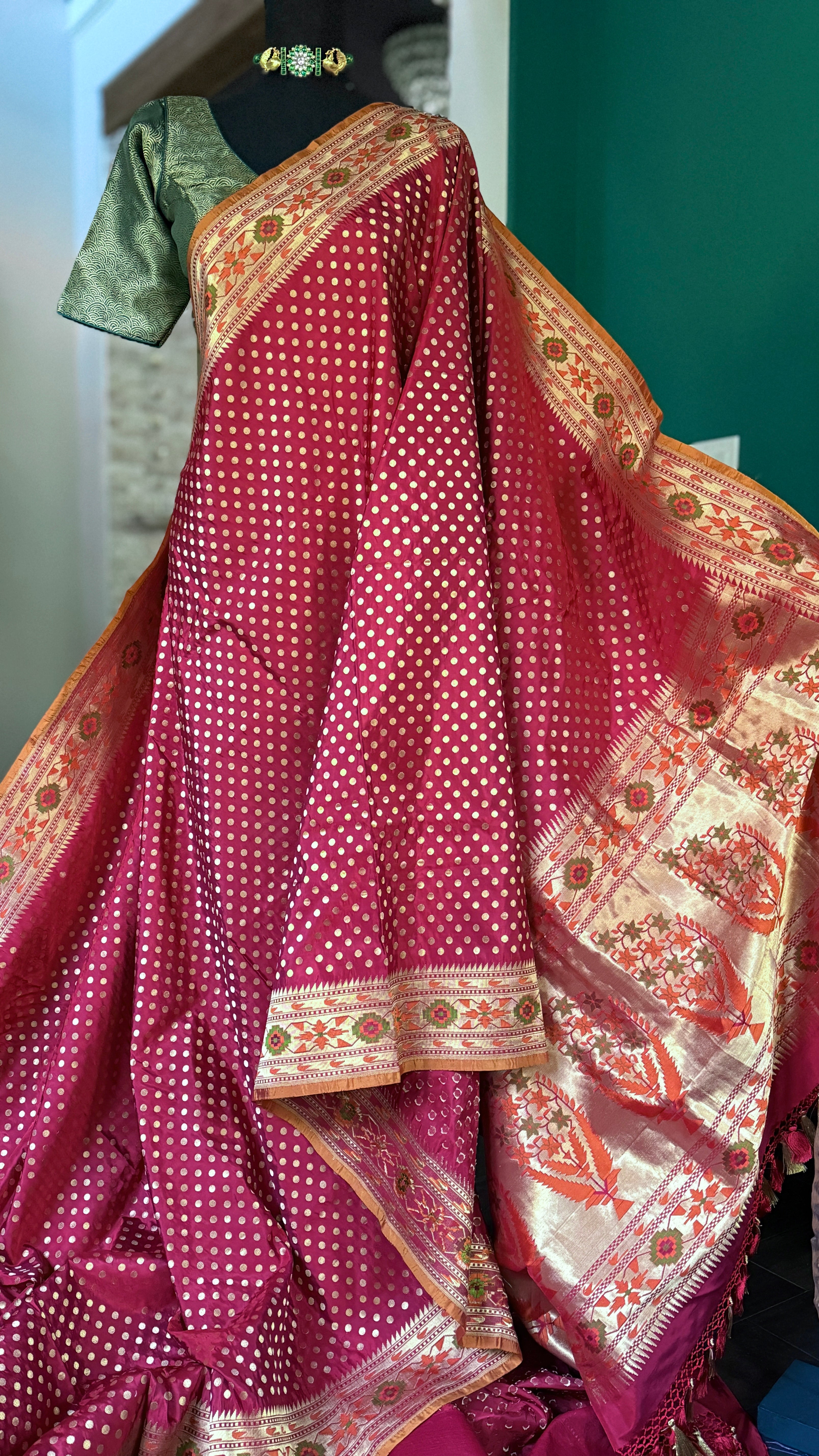 Silk Banarasi - Red Rusty Orange Paithani border