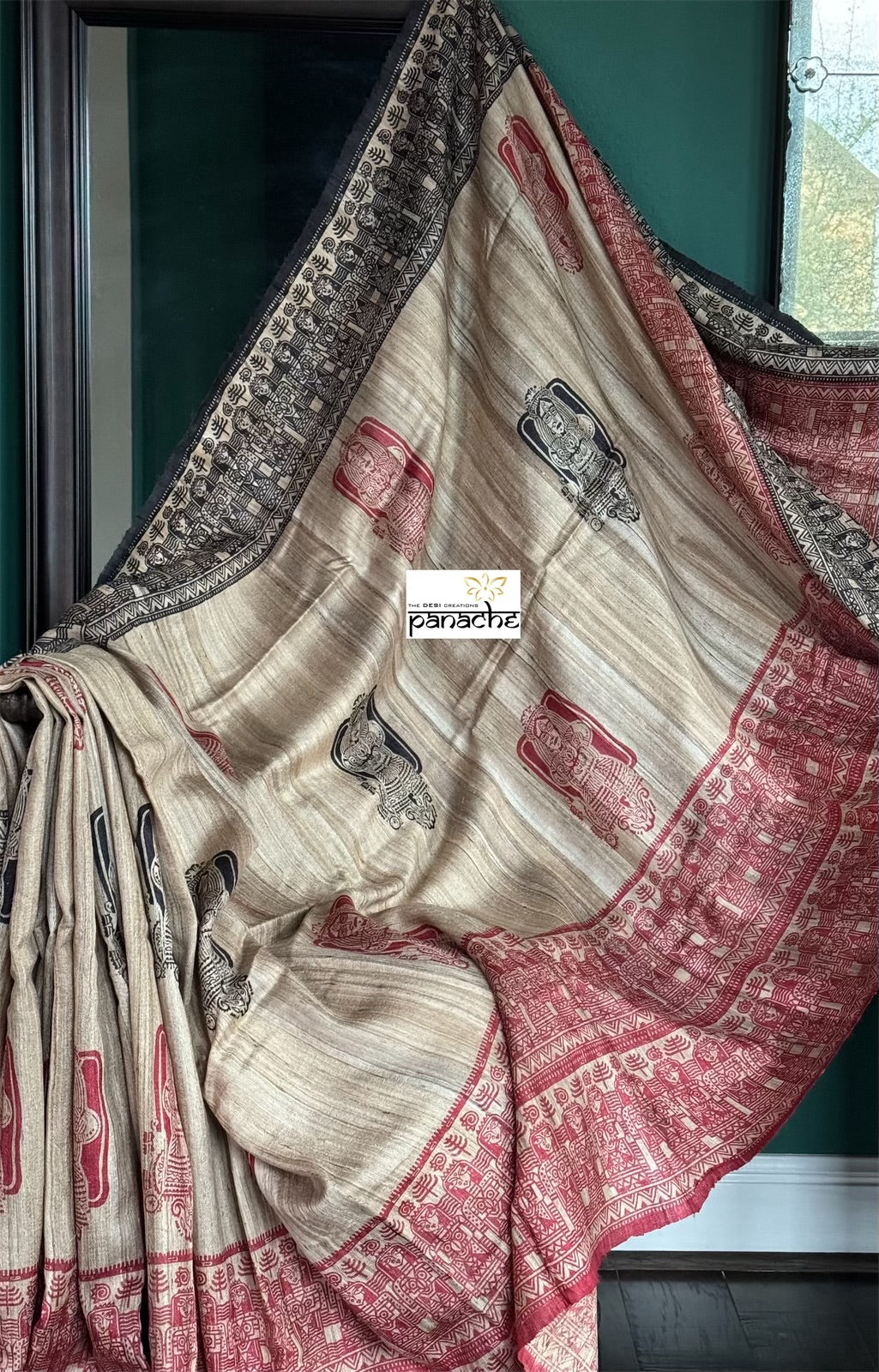 Pure Gicha Tussar Silk - Beige Red Black