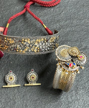 Temple Choker Earring Set 925 Silver - Dual tone Jaal Work