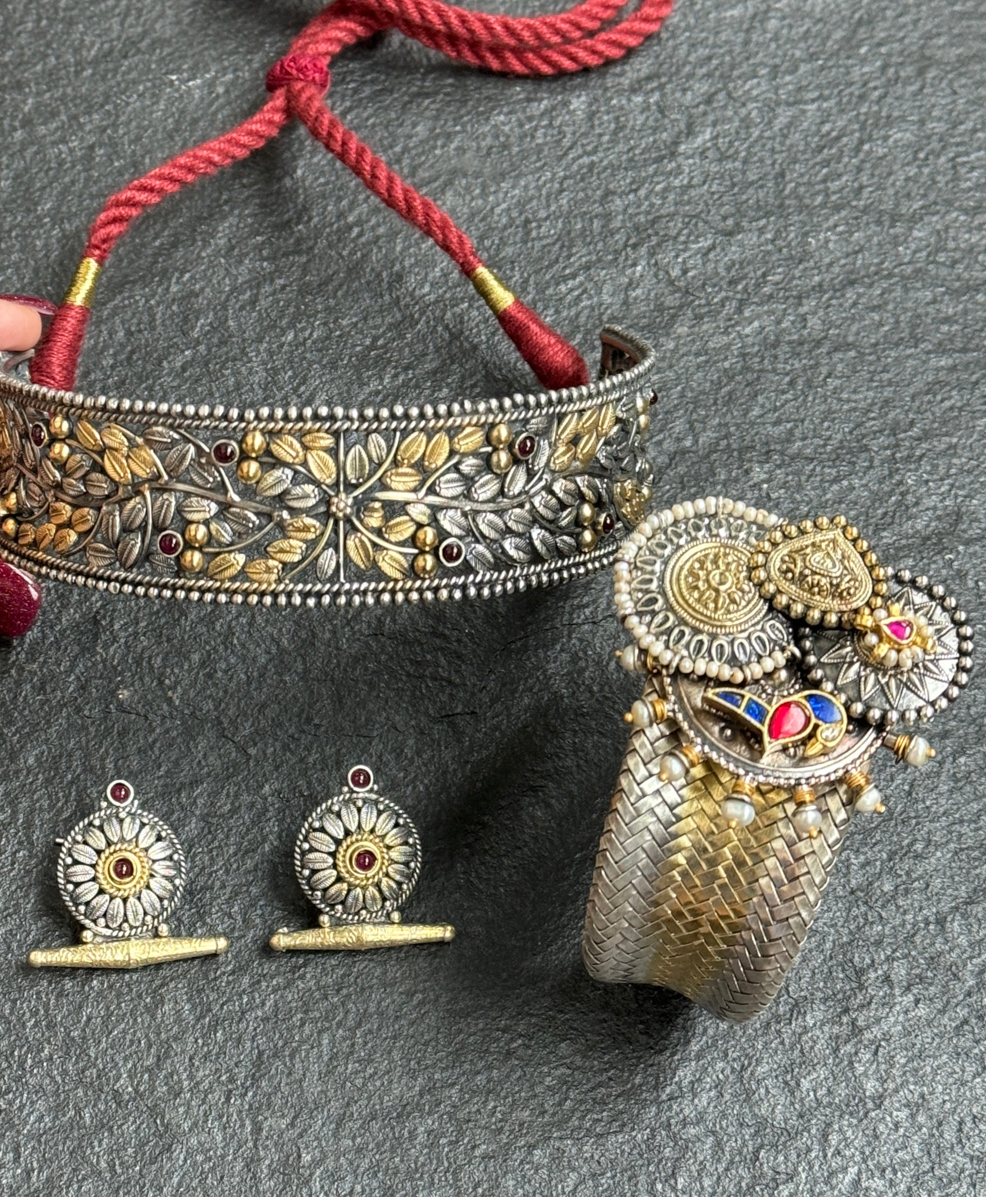 Temple Choker Earring Set 925 Silver - Dual tone Jaal Work