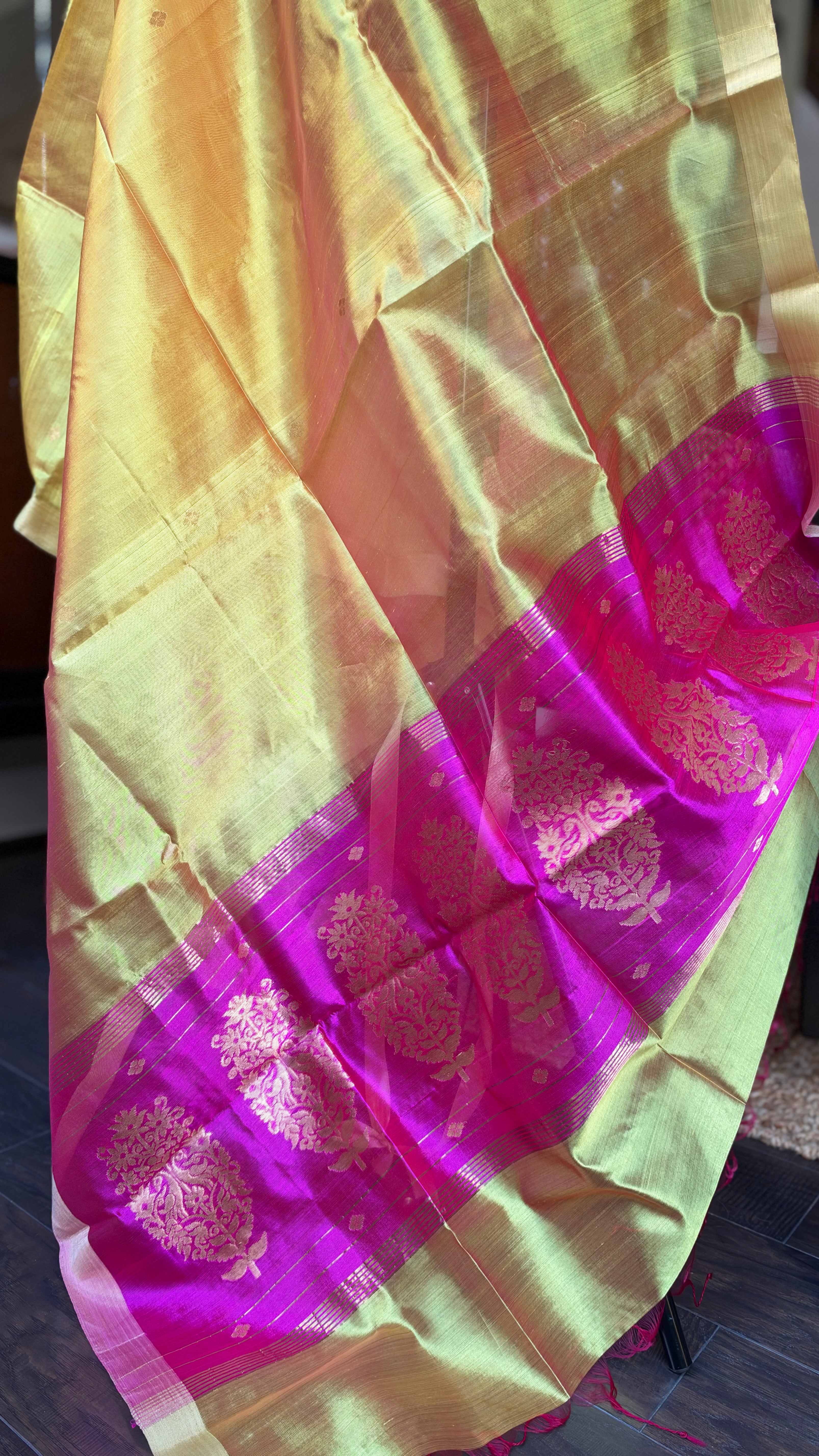 Pure Silk Chanderi Dupatta - Yellow Pink Handwoven