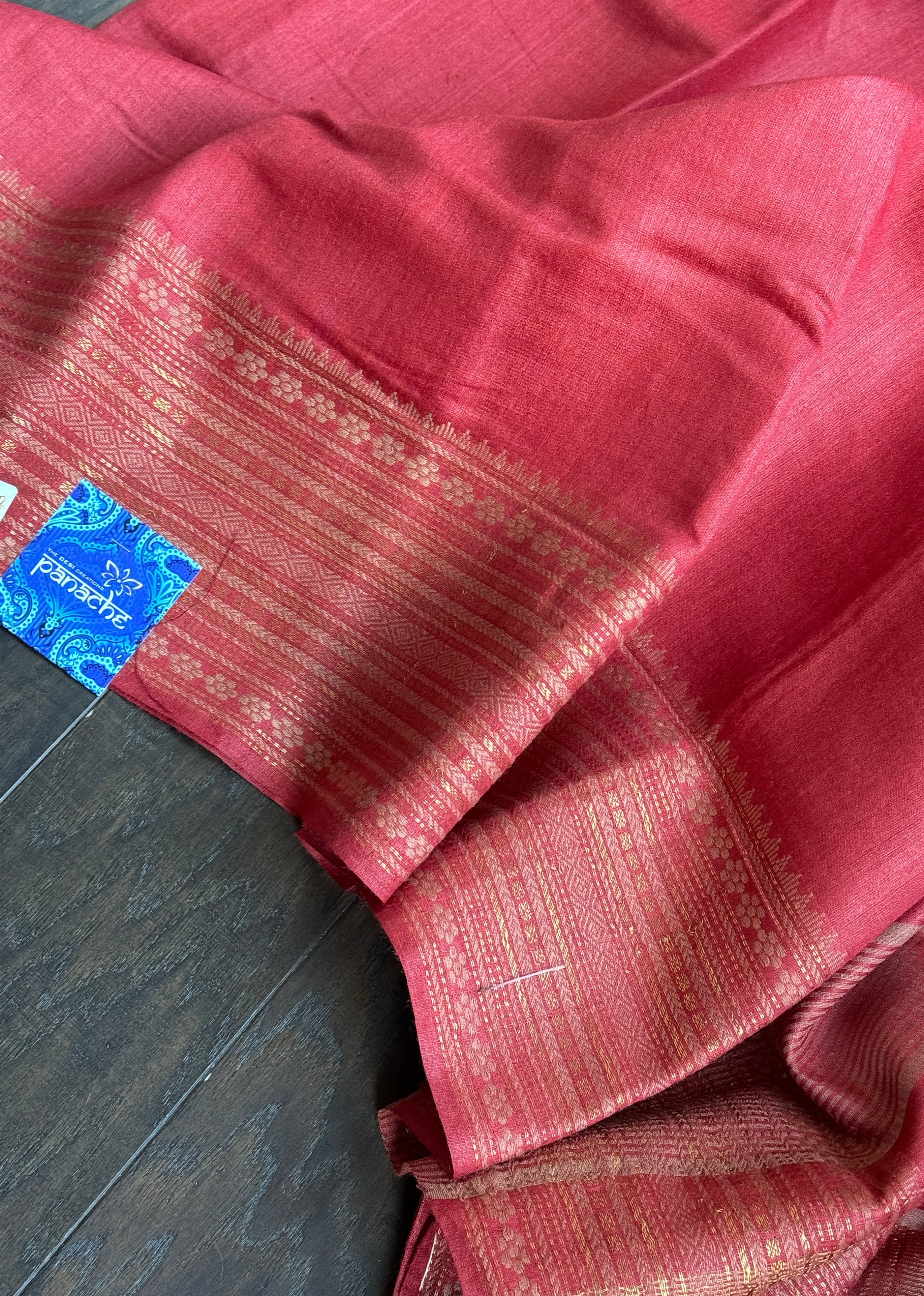 Handwoven Tussar Silk - Red Golden Zari