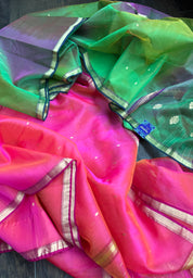 Pure Chanderi Organza Silk - Green Purple Shaded