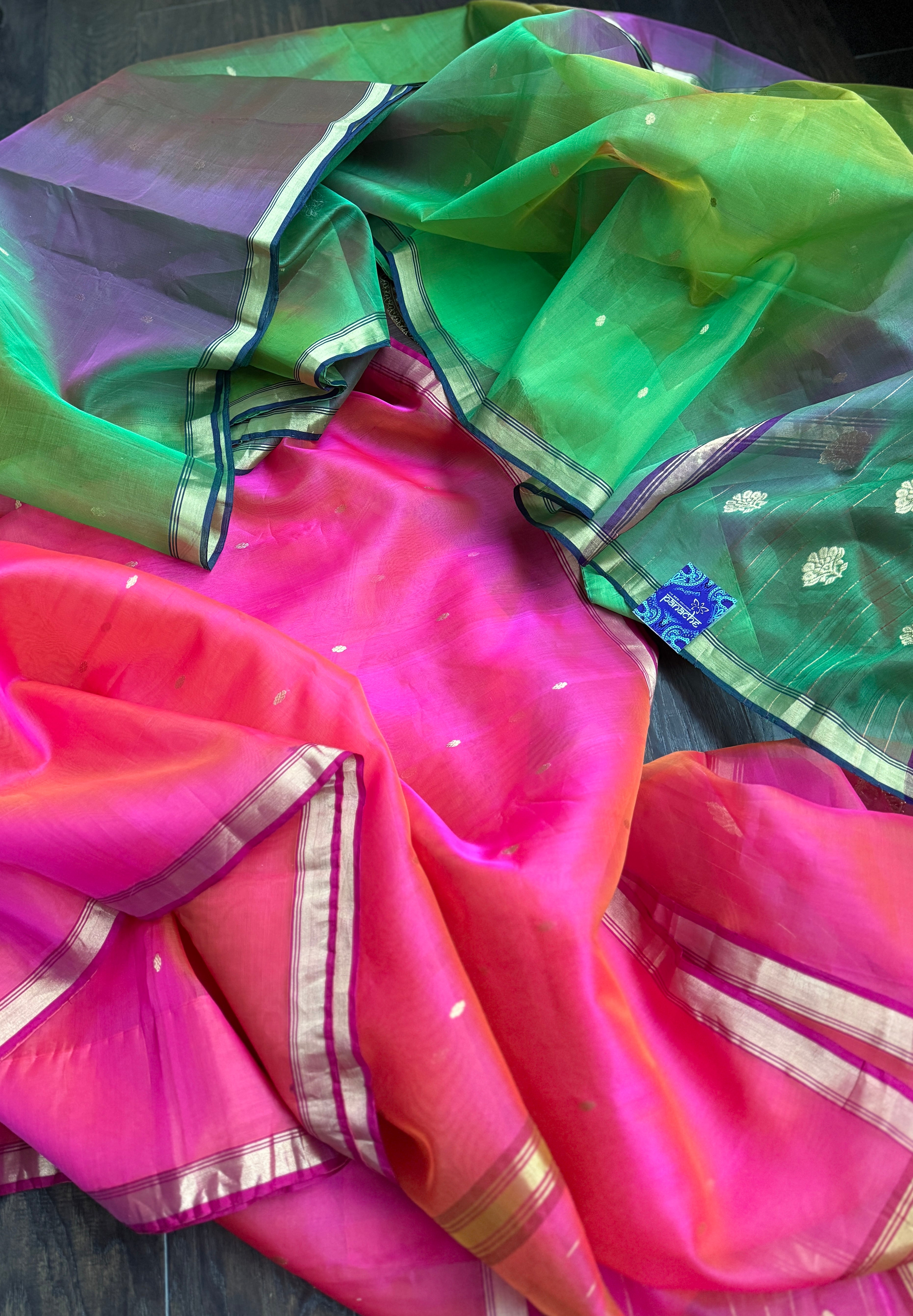 Pure Chanderi Organza Silk - Green Purple Shaded
