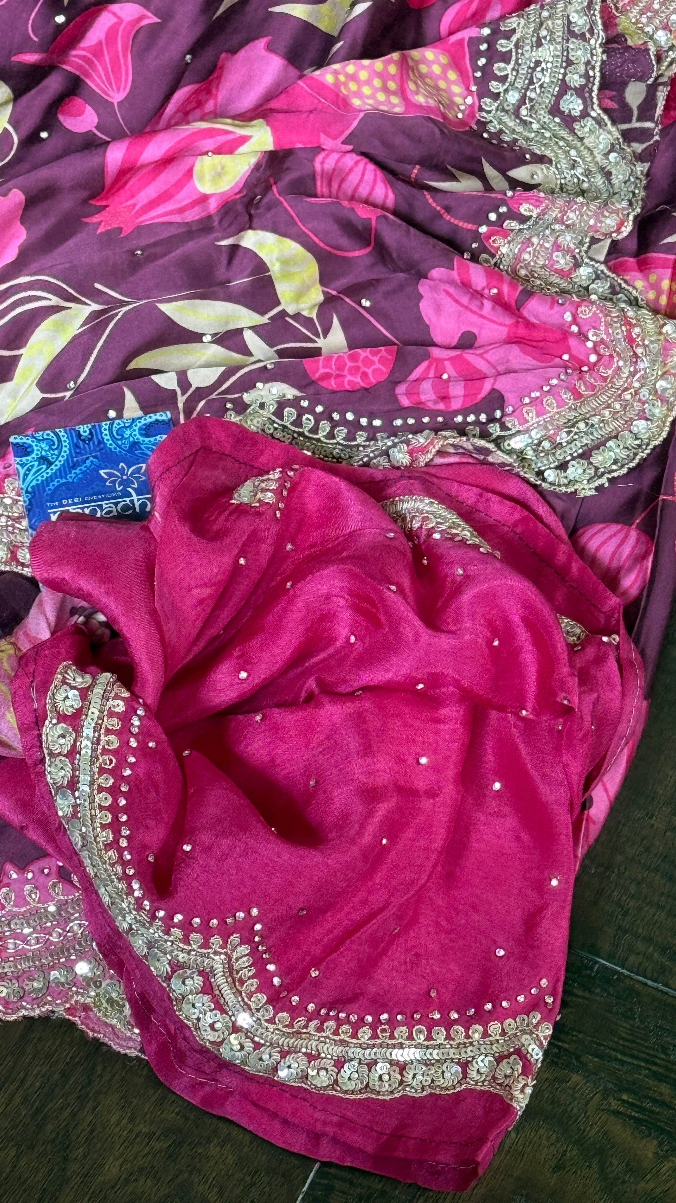 Designer Crepe Satin - Wine Maroon Multi Color