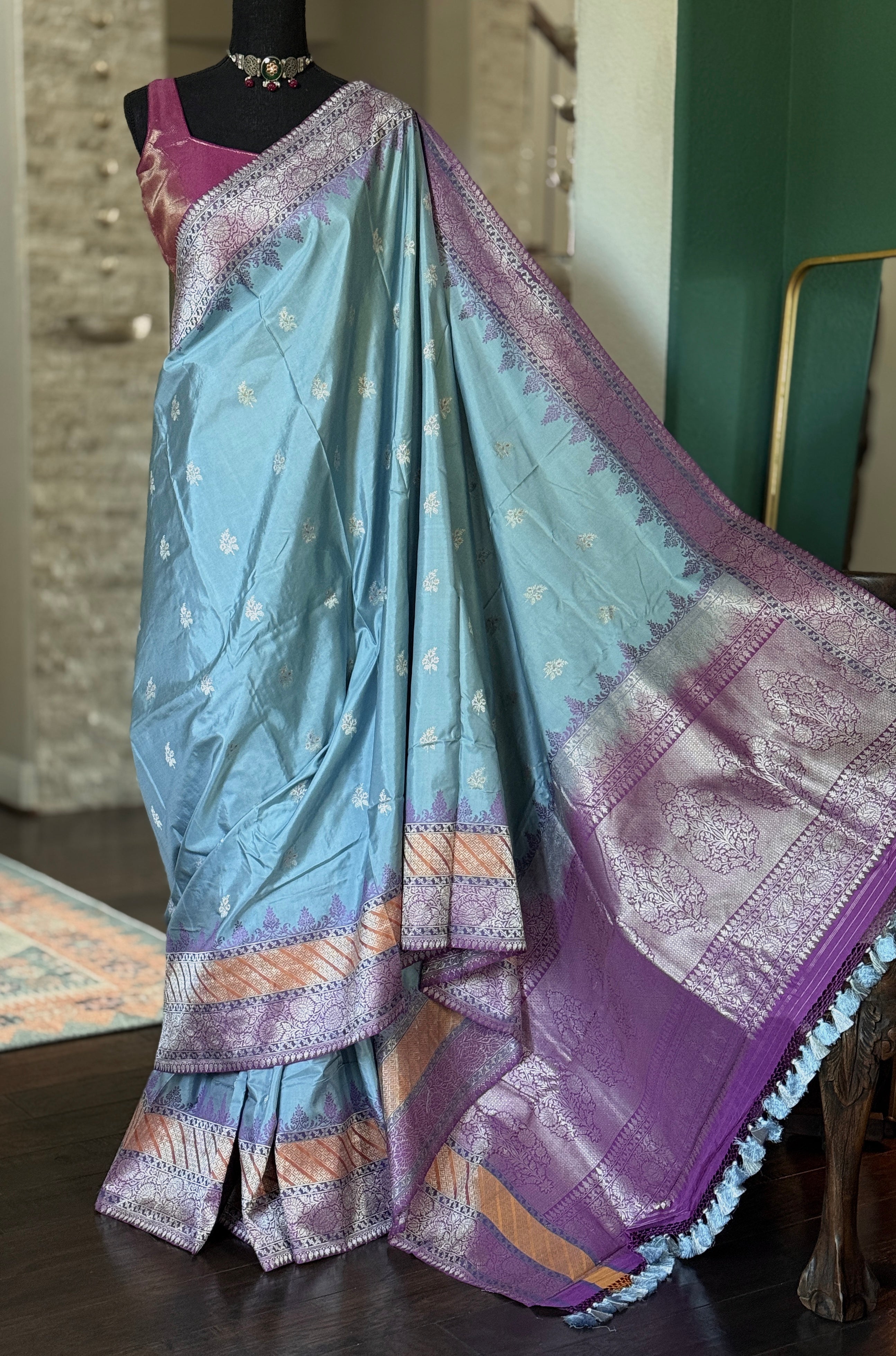 Pure Silk Katan Banarasi- Light Blue Kadhua Antique Silver Zari