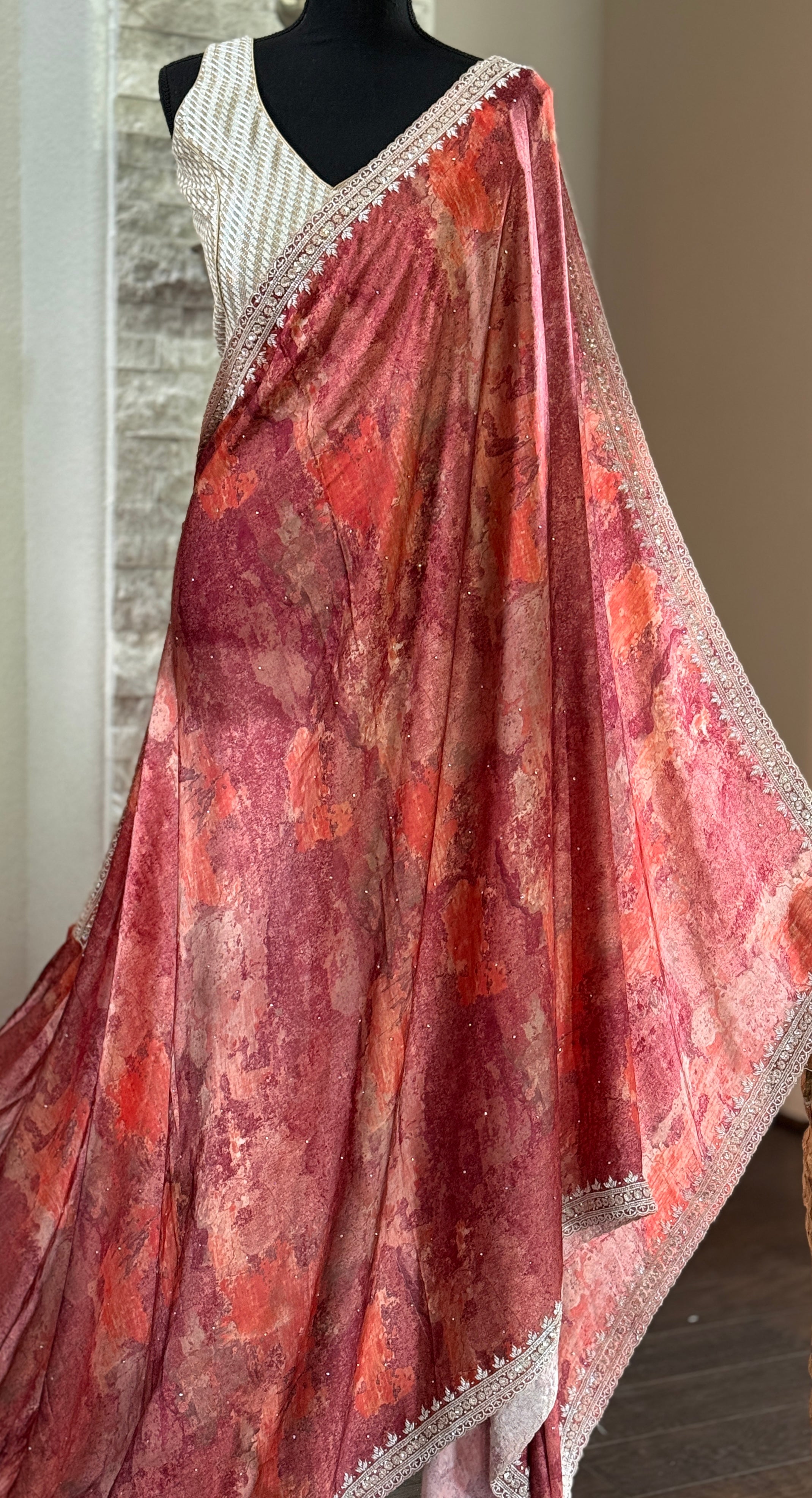 Designer Crepe Satin Marble Print - Rust Wine