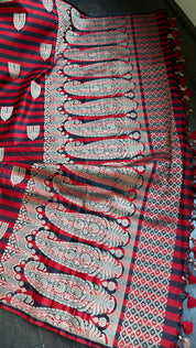 Pure Silk Mashru Banarasi- Red Black striped