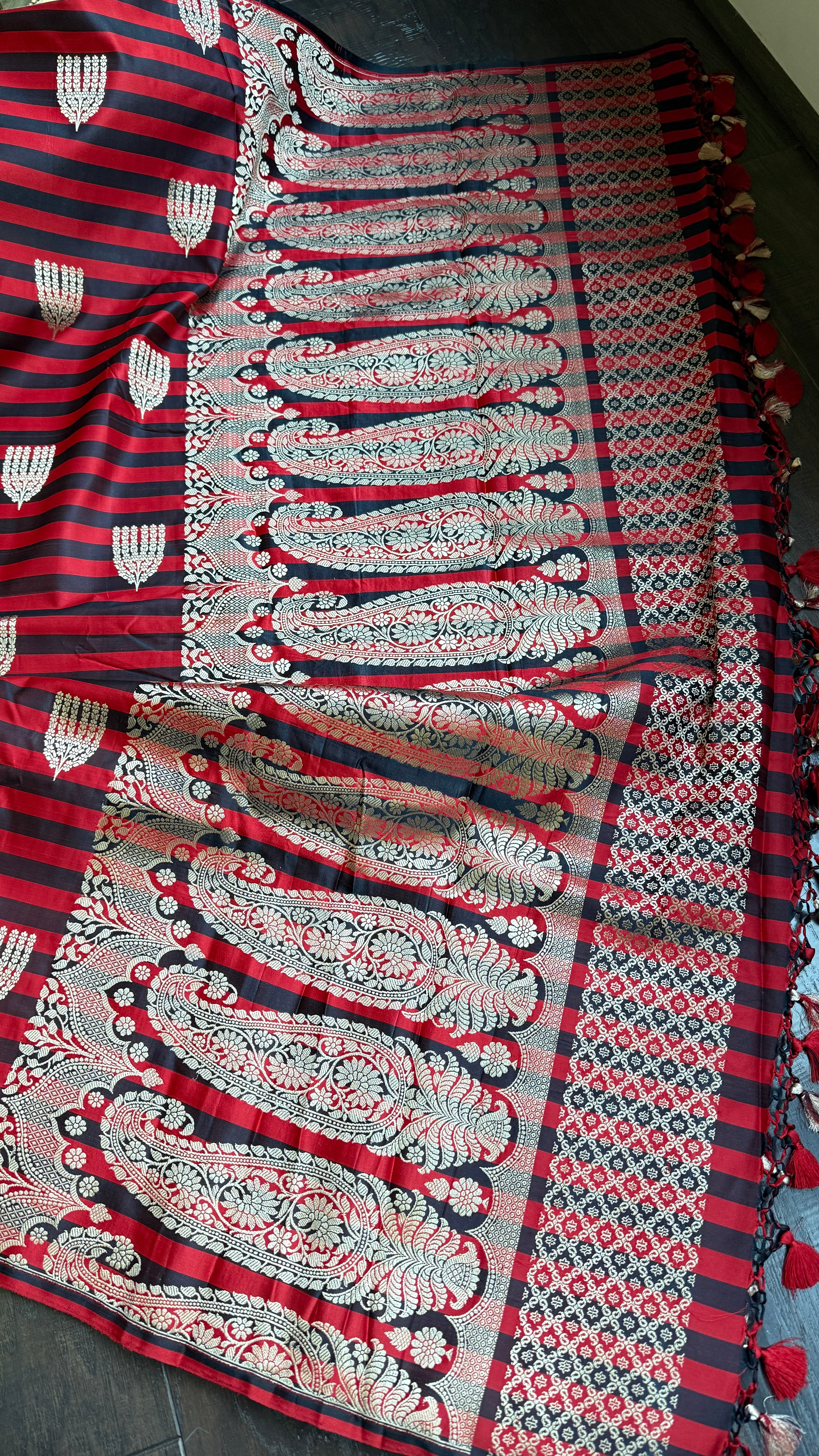 Pure Silk Mashru Banarasi- Red Black striped