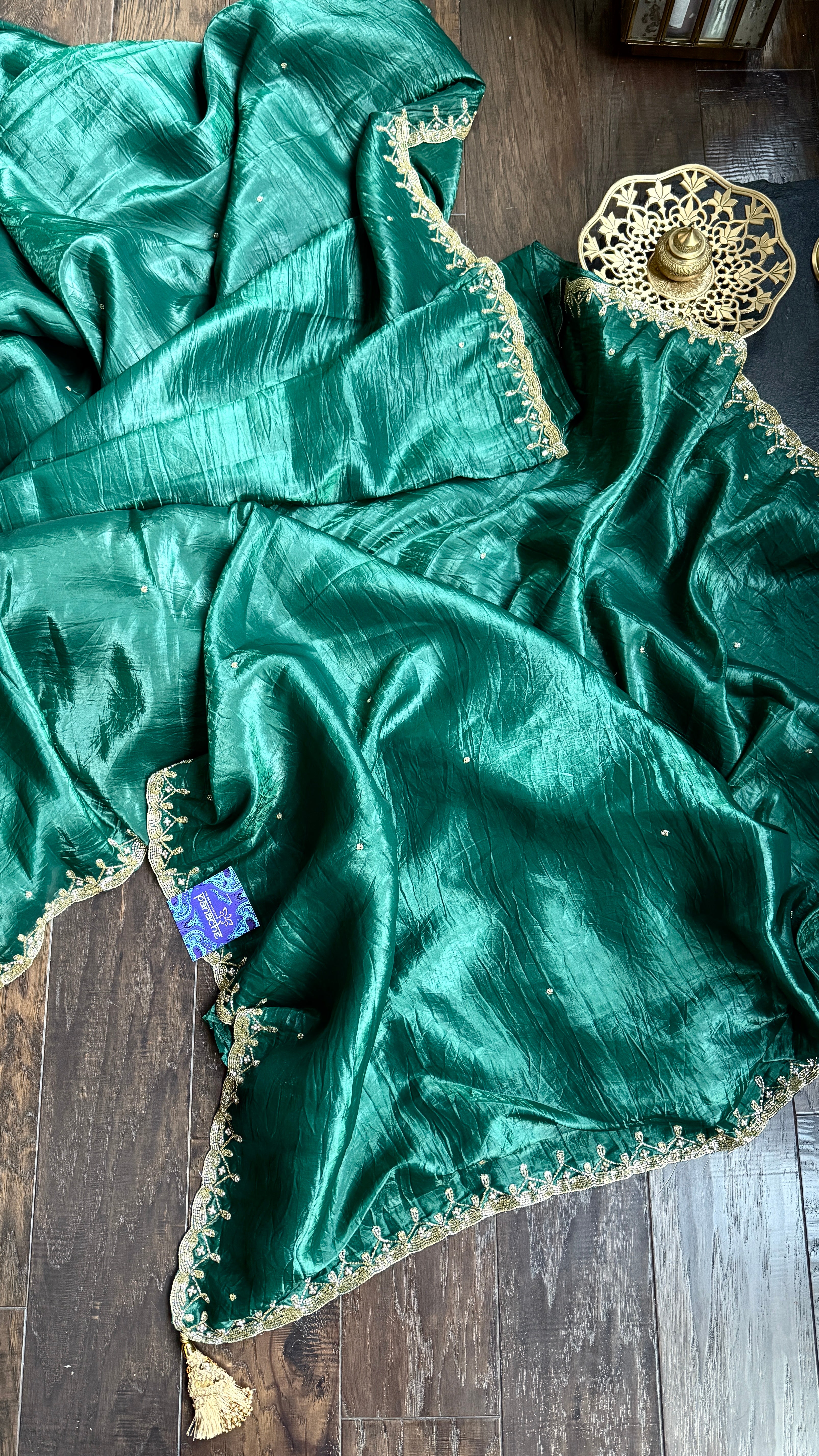 Designer Crushed Tissue Silk - Teal Gree Embroidered