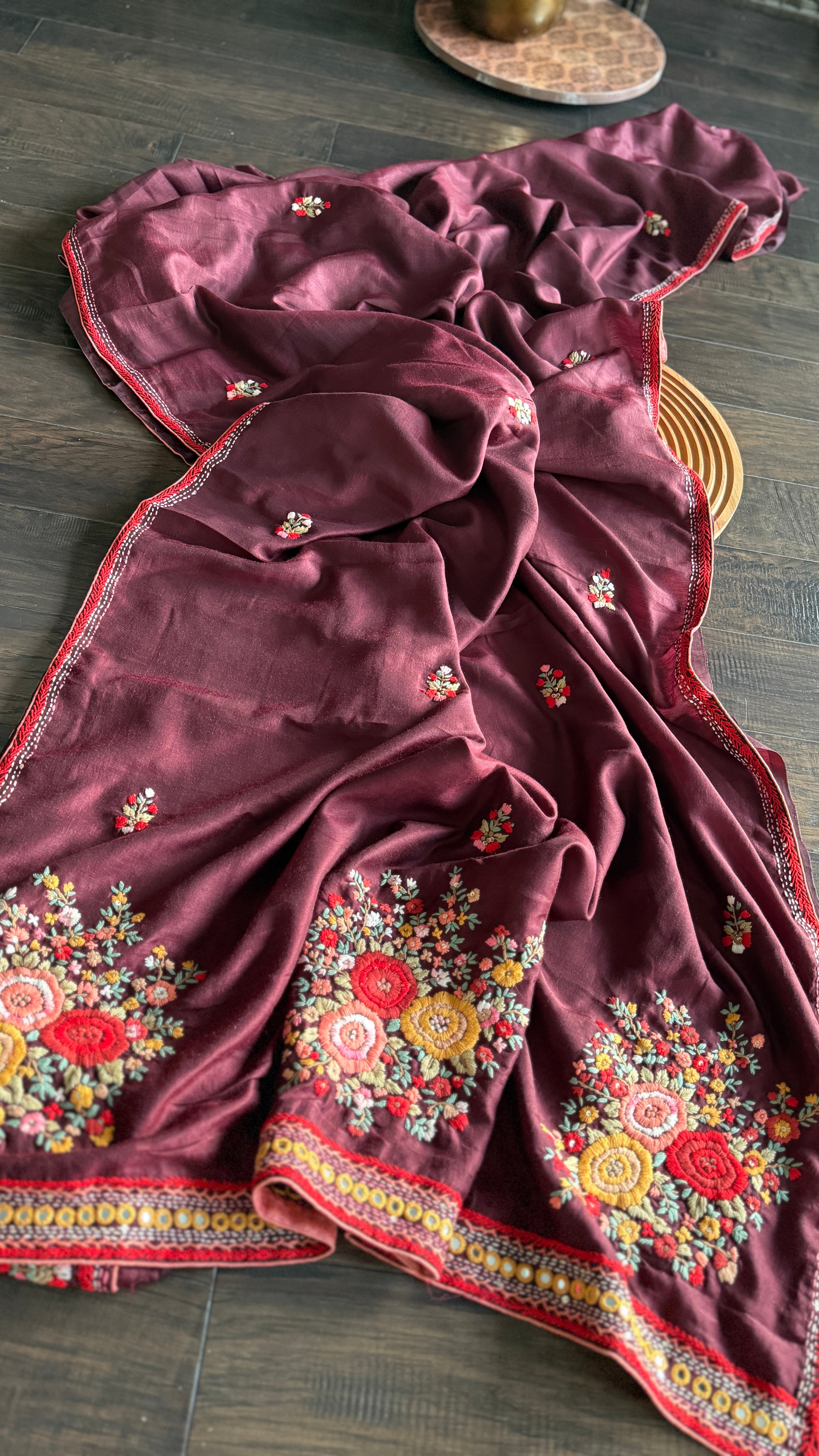 Designer Muga Embroidered - Wine Maroon