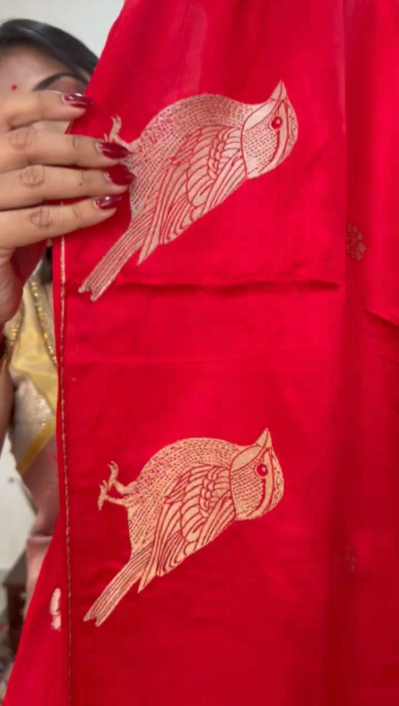 Designer Satin Silk - Red Bird Woven