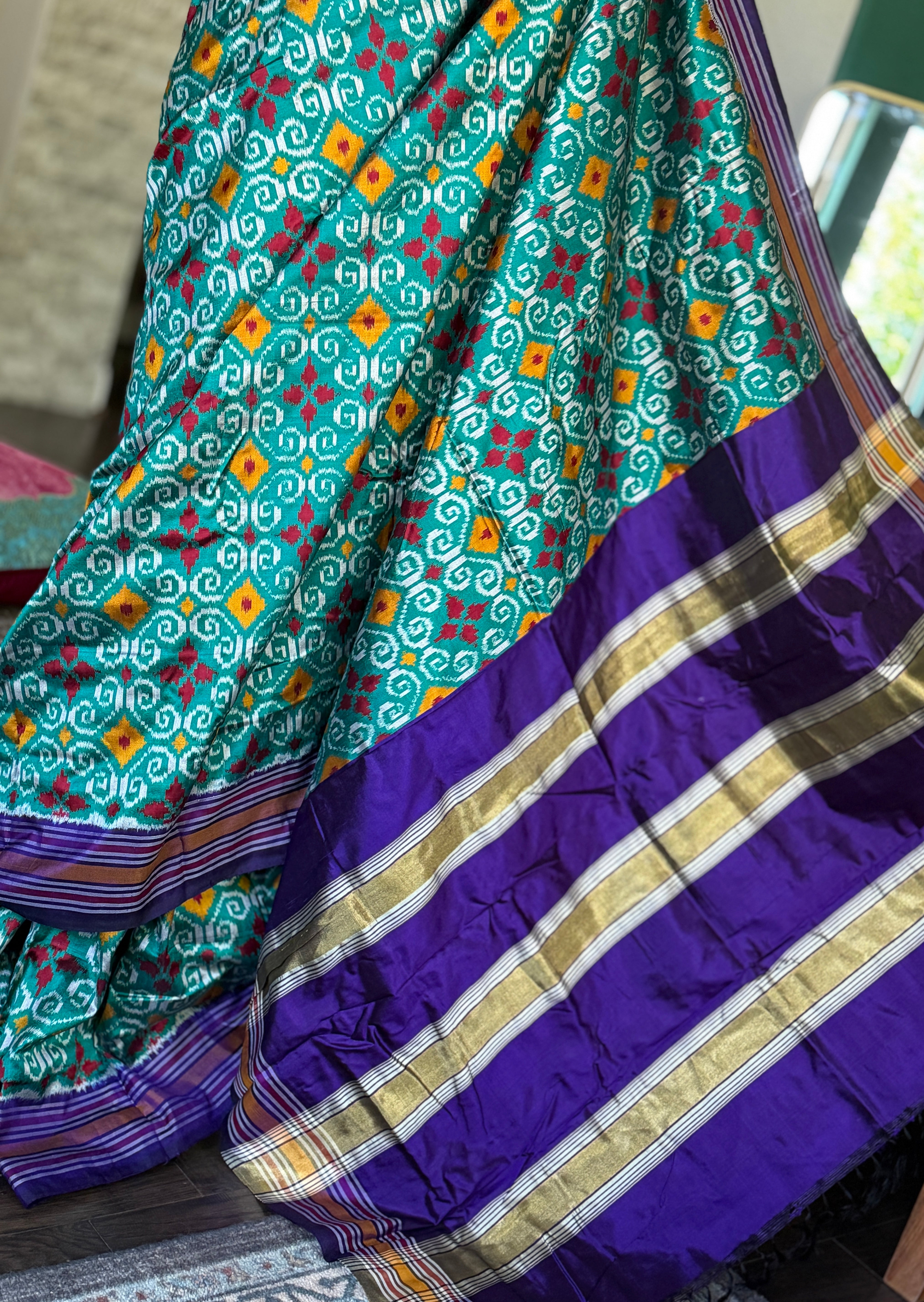 Pure Silk Ikat - Sea Green Purple Pochampally