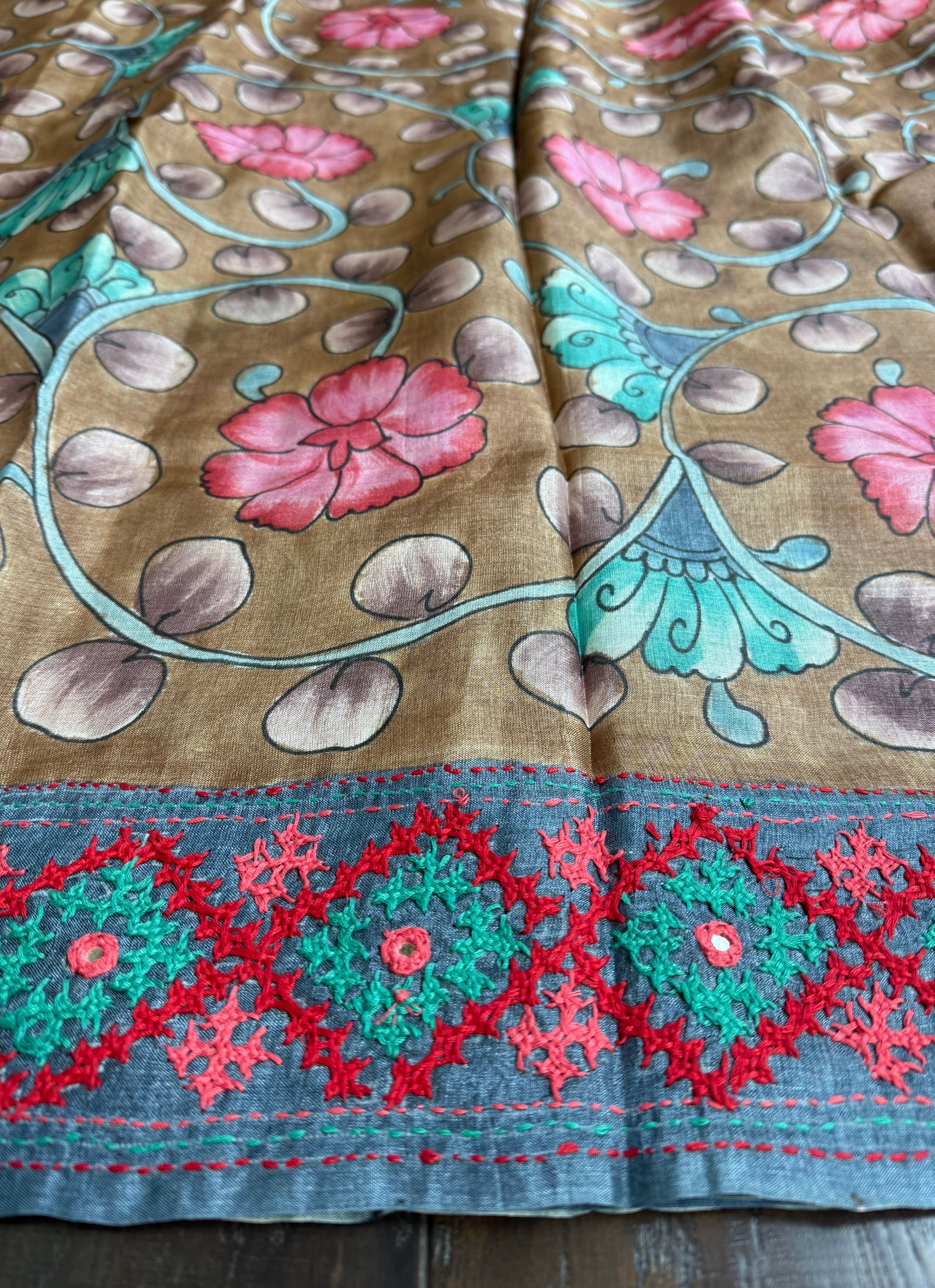 Tussar Silk Pen Kalamkari - Brown Hand Kutch Embroidered